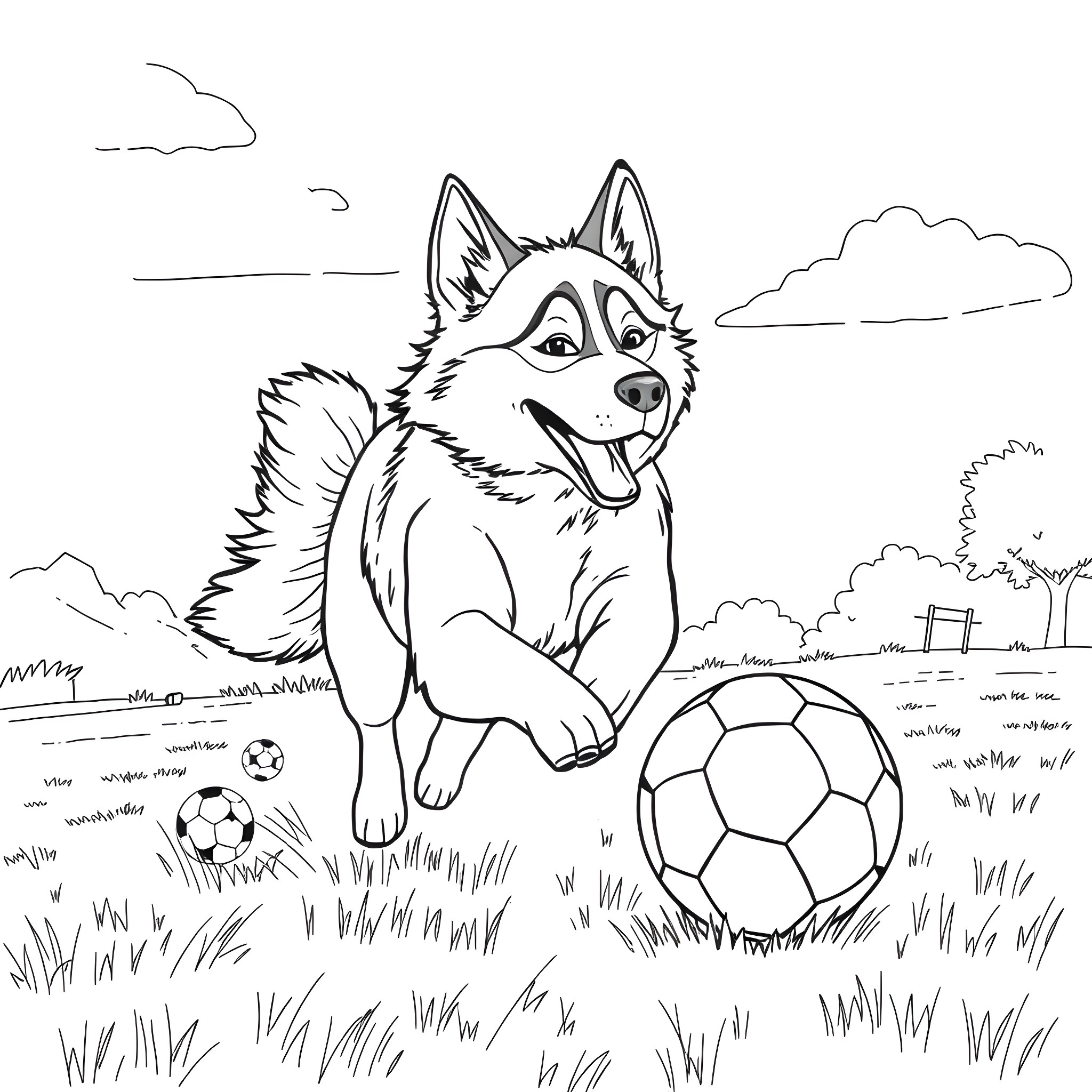 Husky playing happily with soccer ball in the park Coloring Page (free black-and-white line drawing printable PDF for all, from beginners to advanced learners, including children, teens, adults, and seniors)