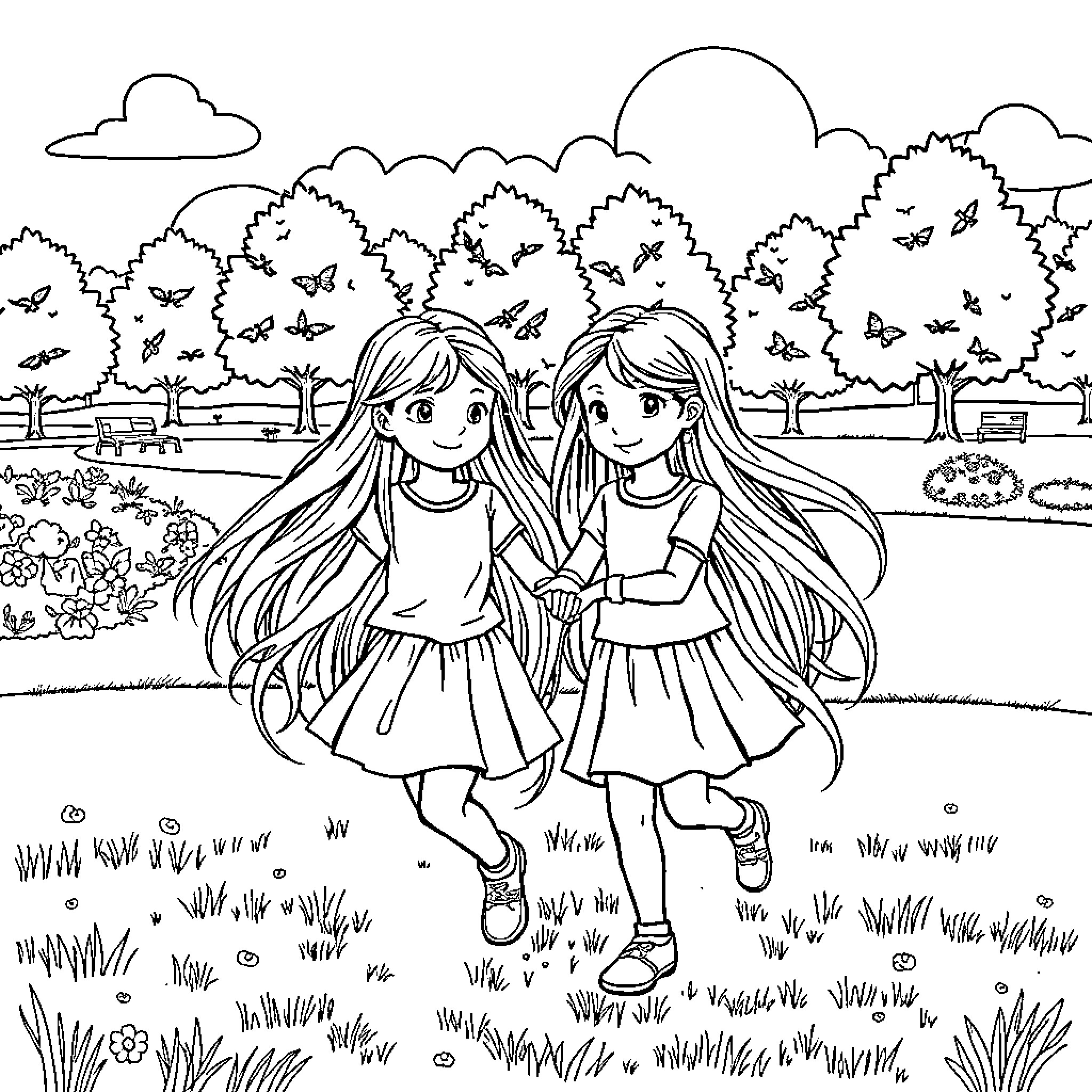 Girls enjoying a day in the park Coloring Page (free black-and-white line drawing printable PDF for all, from beginners to advanced learners, including children, teens, adults, and seniors)