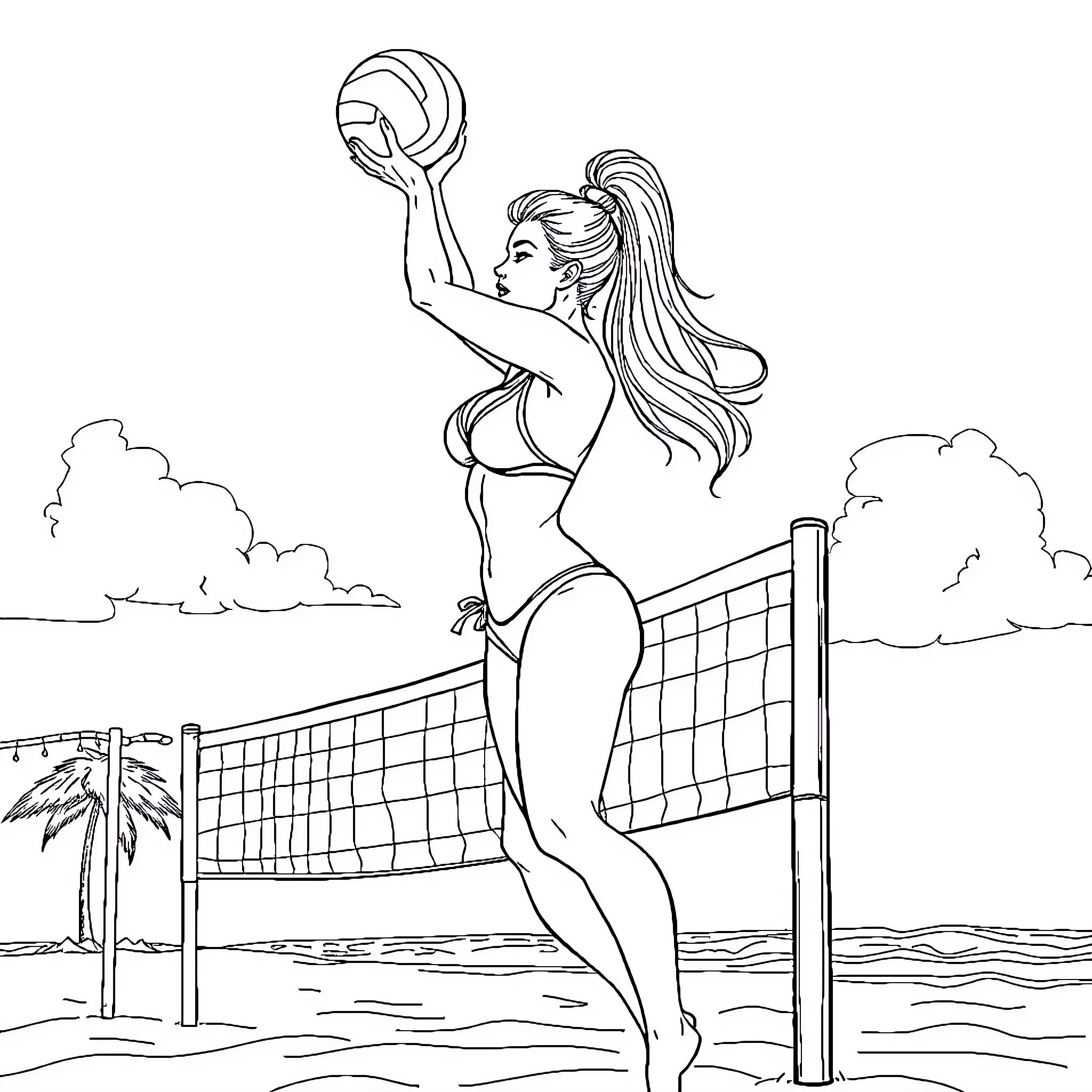 Woman playing volleyball on the beach Coloring Page (free black-and-white line drawing printable PDF for all, from beginners to advanced learners, including children, teens, adults, and seniors)