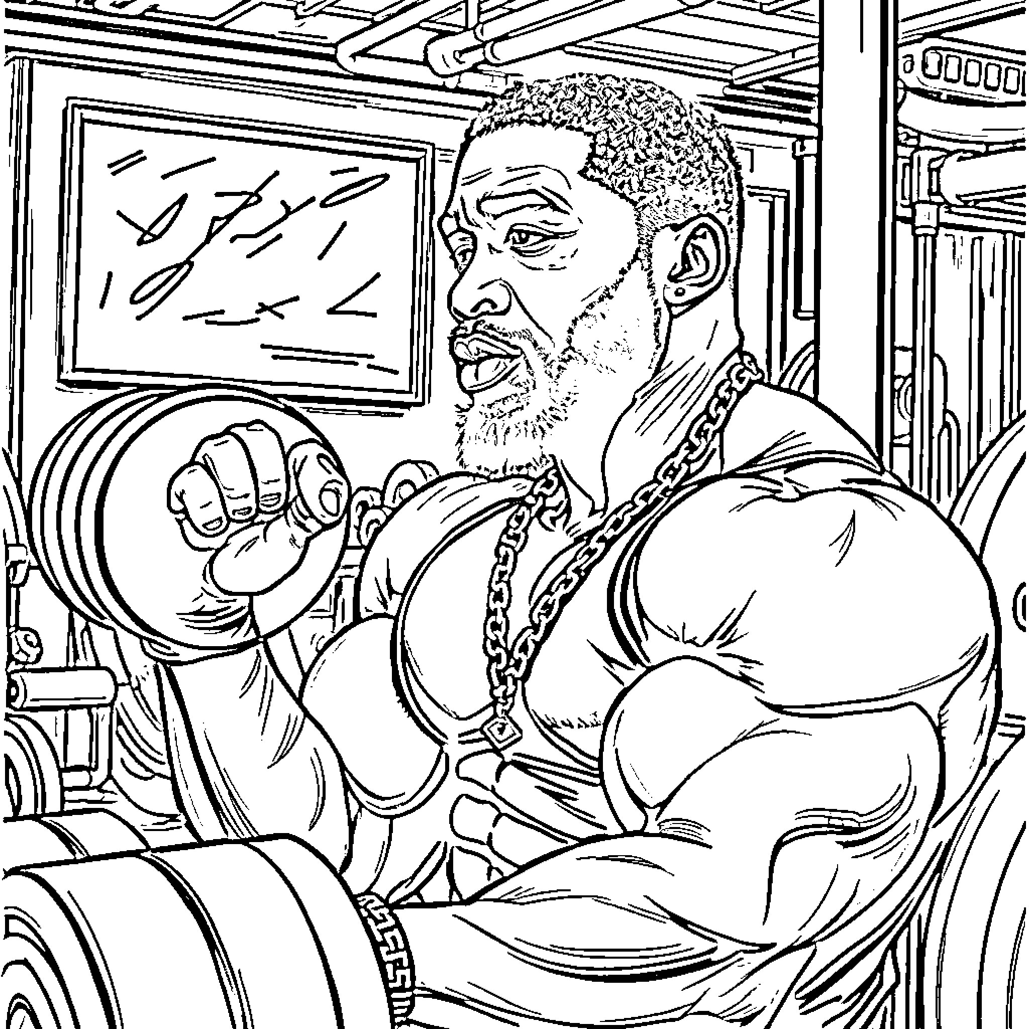 Neyo's Powerful Presence in the Gym Coloring Page (free black-and-white line drawing printable PDF for all, from beginners to advanced learners, including children, teens, adults, and seniors)