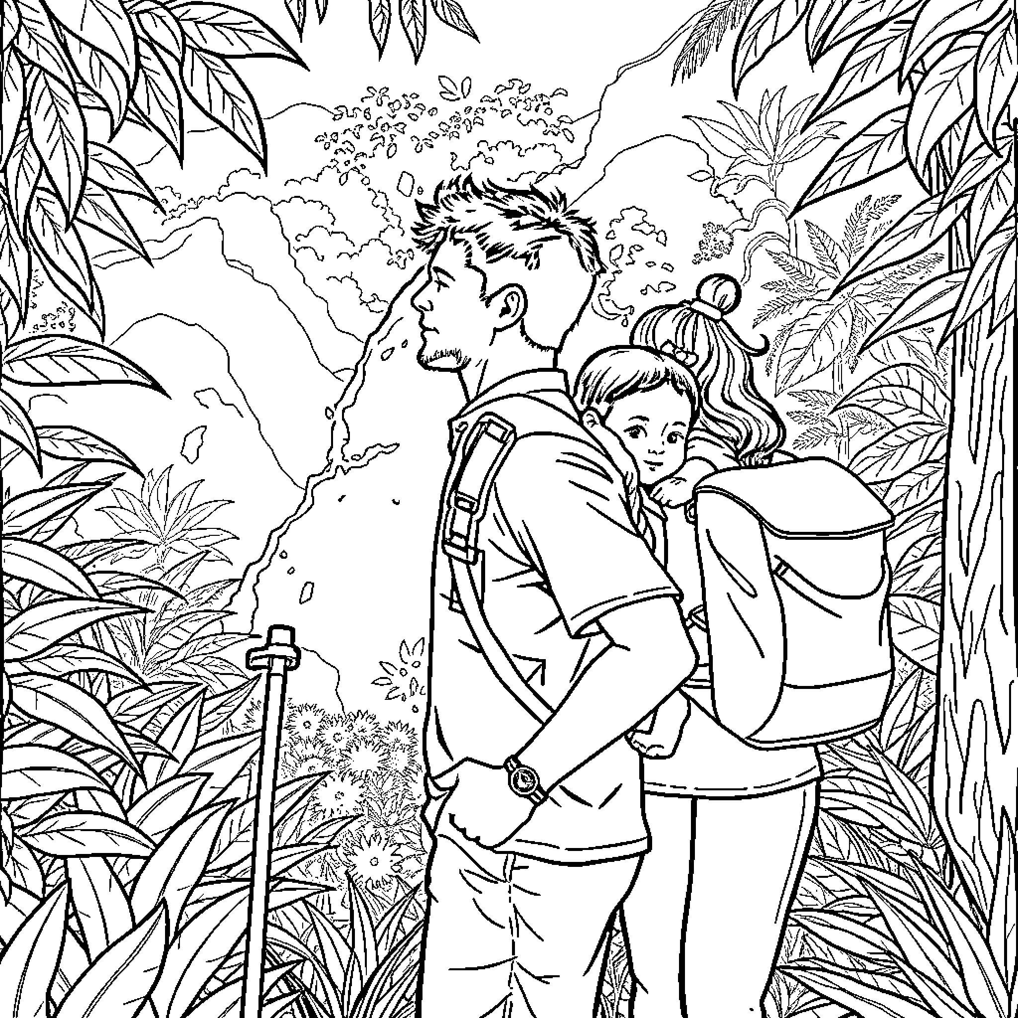 Family Exploring the Lush Jungle Landscape Coloring Page (free black-and-white line drawing printable PDF for all, from beginners to advanced learners, including children, teens, adults, and seniors)