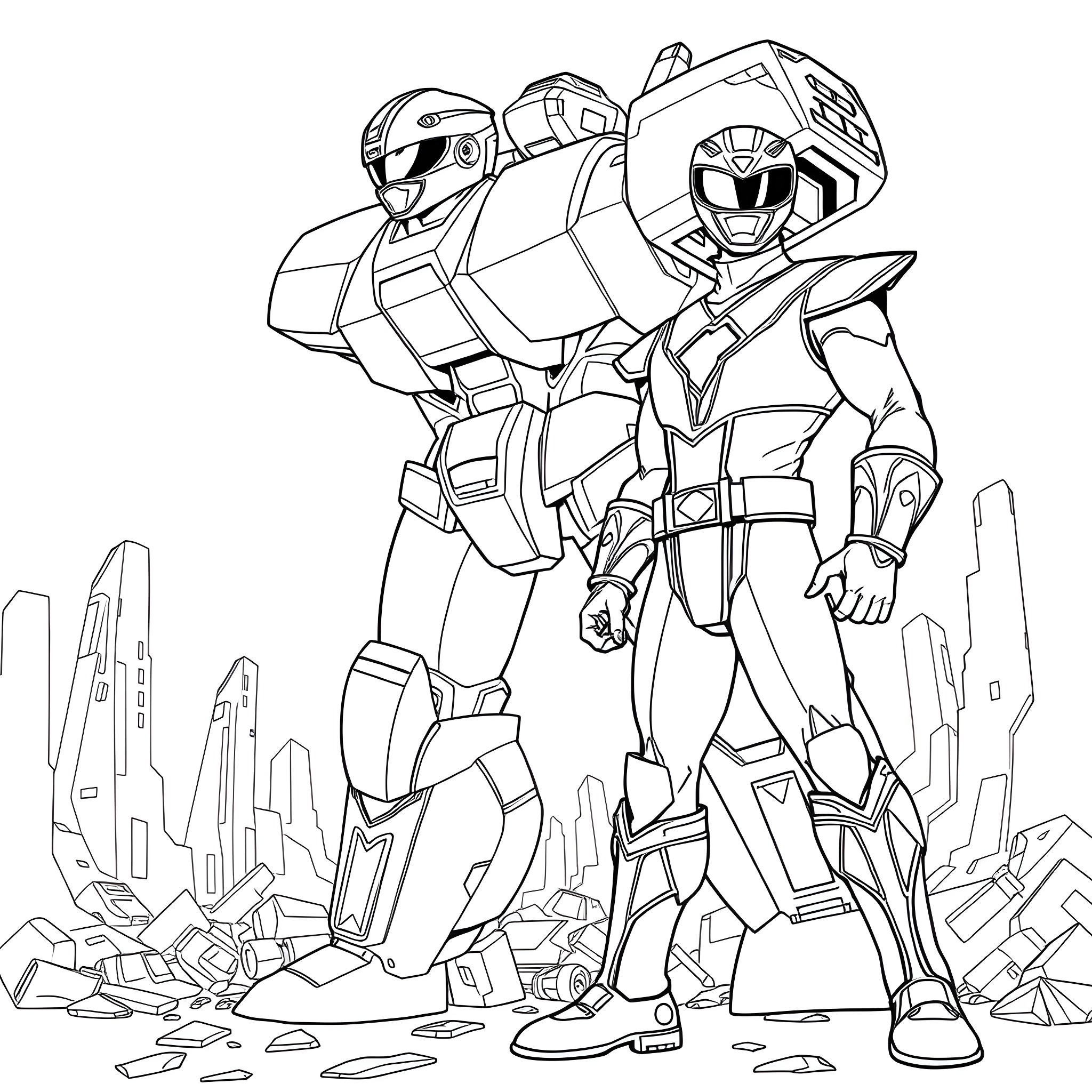 Power Rangers in Action Pose with Robots Coloring Page (free black-and-white line drawing printable PDF for all, from beginners to advanced learners, including children, teens, adults, and seniors)