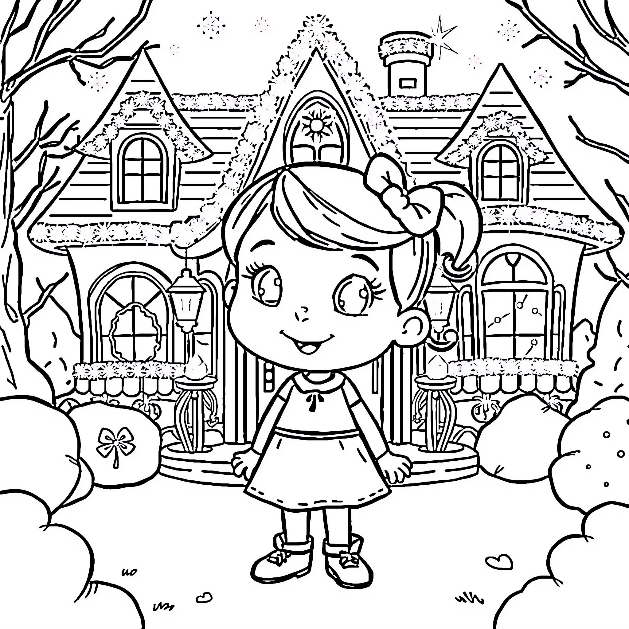 Gaby's Magical Winter Wonderland Coloring Page (free black-and-white line drawing printable PDF for all, from beginners to advanced learners, including children, teens, adults, and seniors)