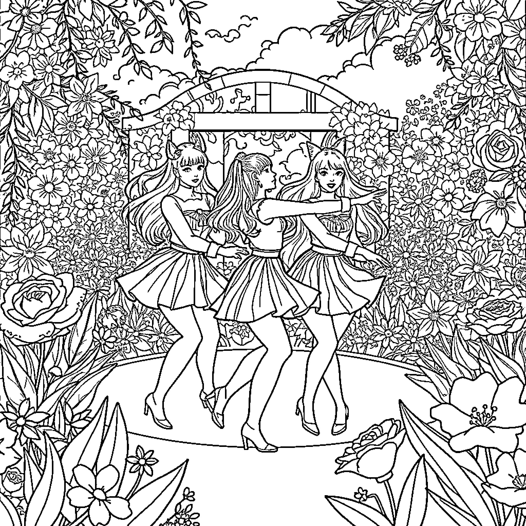 Kpop Warriors in Floral Fantasy Coloring Page (free black-and-white line drawing printable PDF for all, from beginners to advanced learners, including children, teens, adults, and seniors)