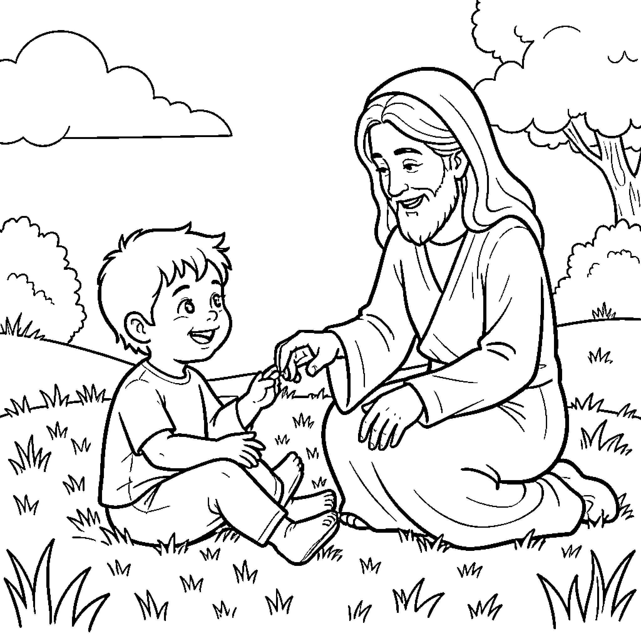 Dieu smiling and interacting kindly with a young child Coloring Page (free black-and-white line drawing printable PDF for all, from beginners to advanced learners, including children, teens, adults, and seniors)