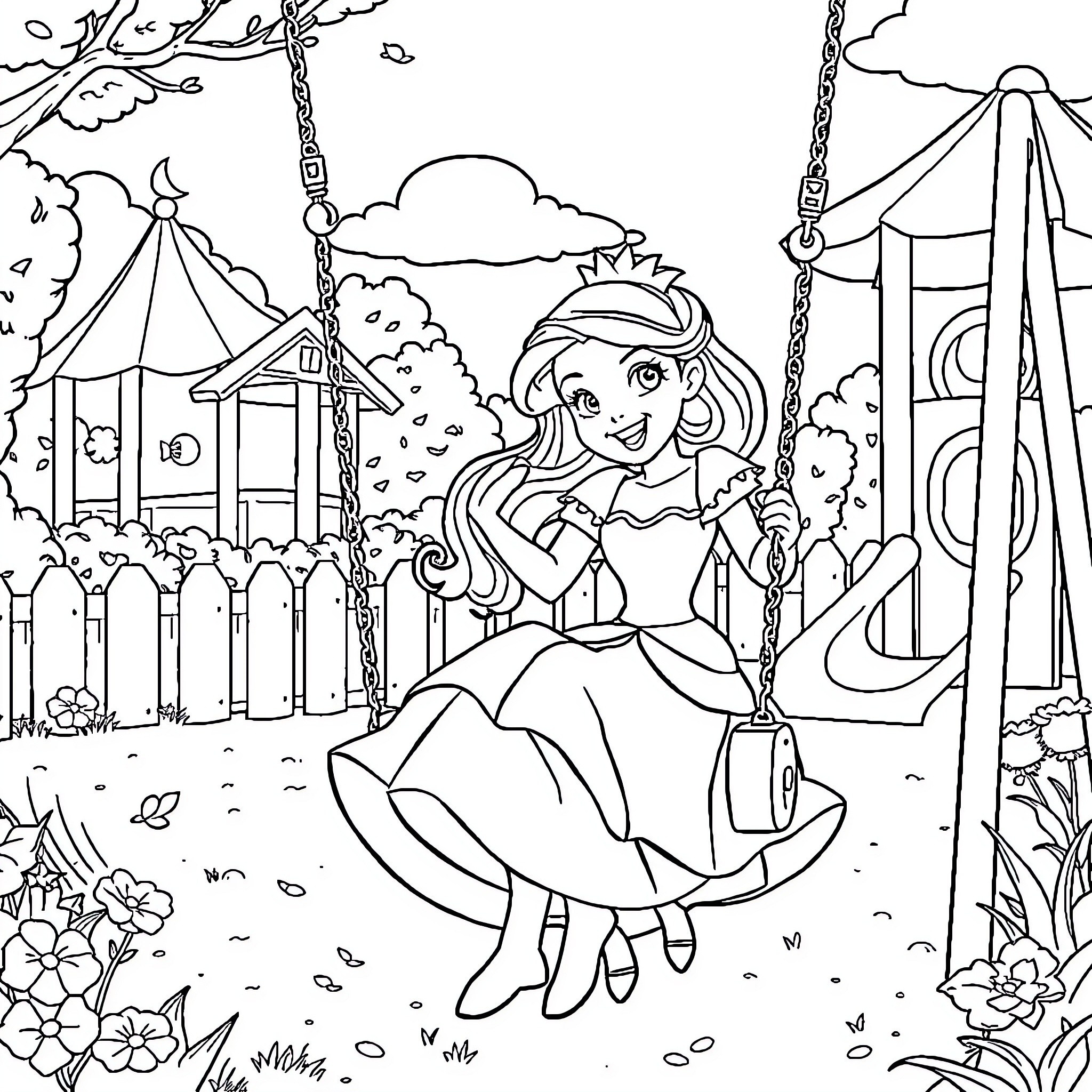 Disney Princess enjoying a swing in a garden Coloring Page (free black-and-white line drawing printable PDF for all, from beginners to advanced learners, including children, teens, adults, and seniors)