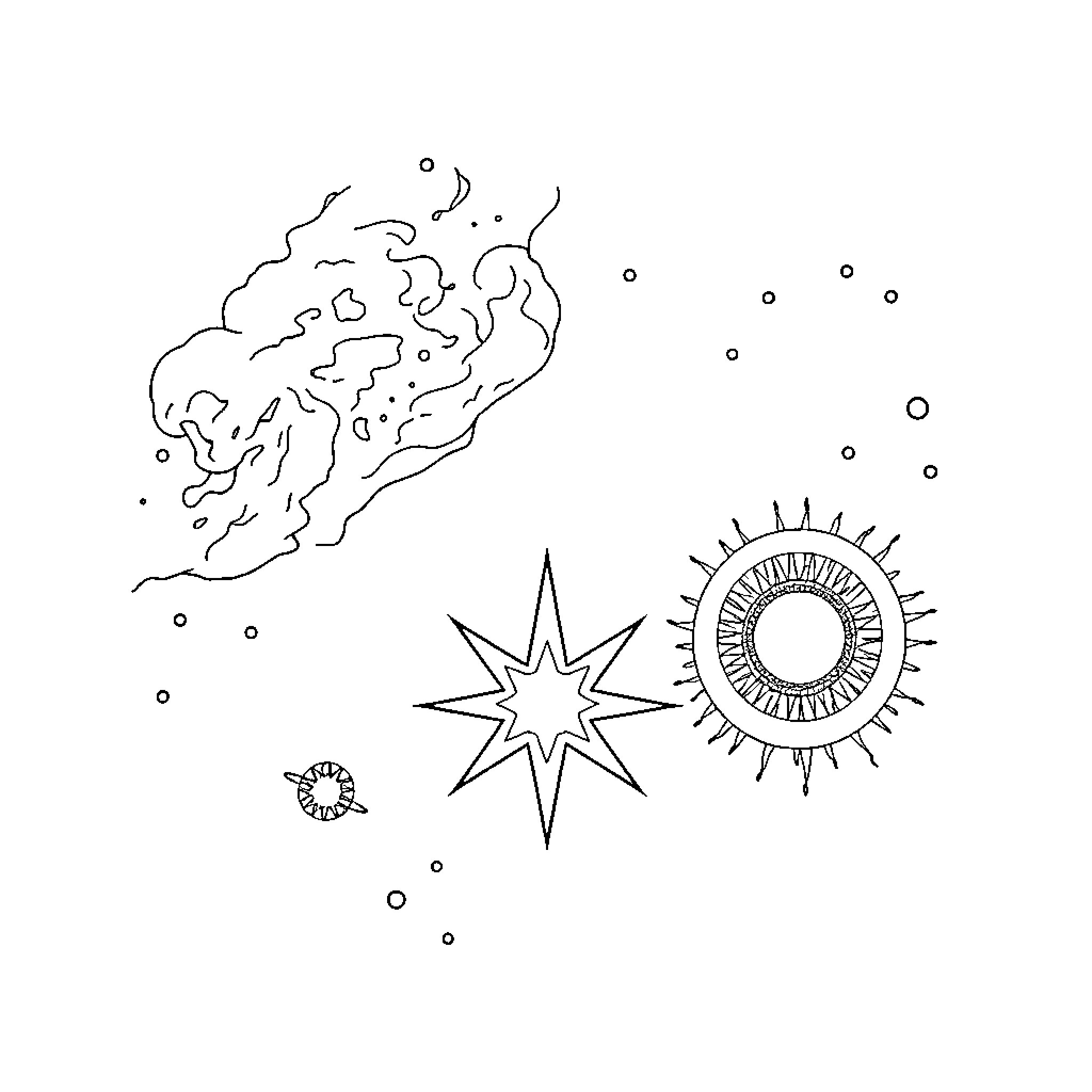 Star Nebula and Celestial Bodies in the Universe Coloring Page (free black-and-white line drawing printable PDF for all, from beginners to advanced learners, including children, teens, adults, and seniors)