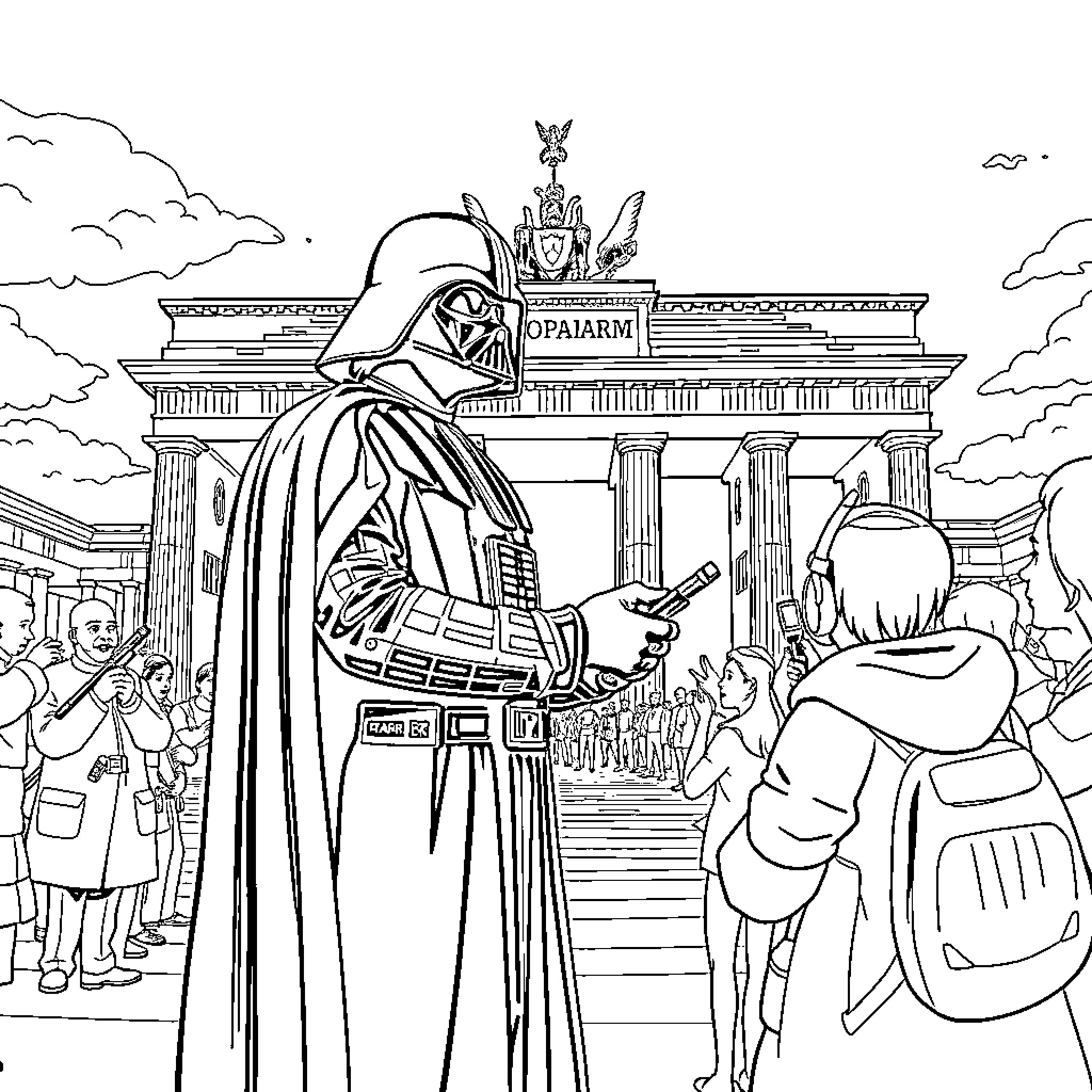 Darth Vader overlooking the Brandenburg Gate Coloring Page (free black-and-white line drawing printable PDF for all, from beginners to advanced learners, including children, teens, adults, and seniors)