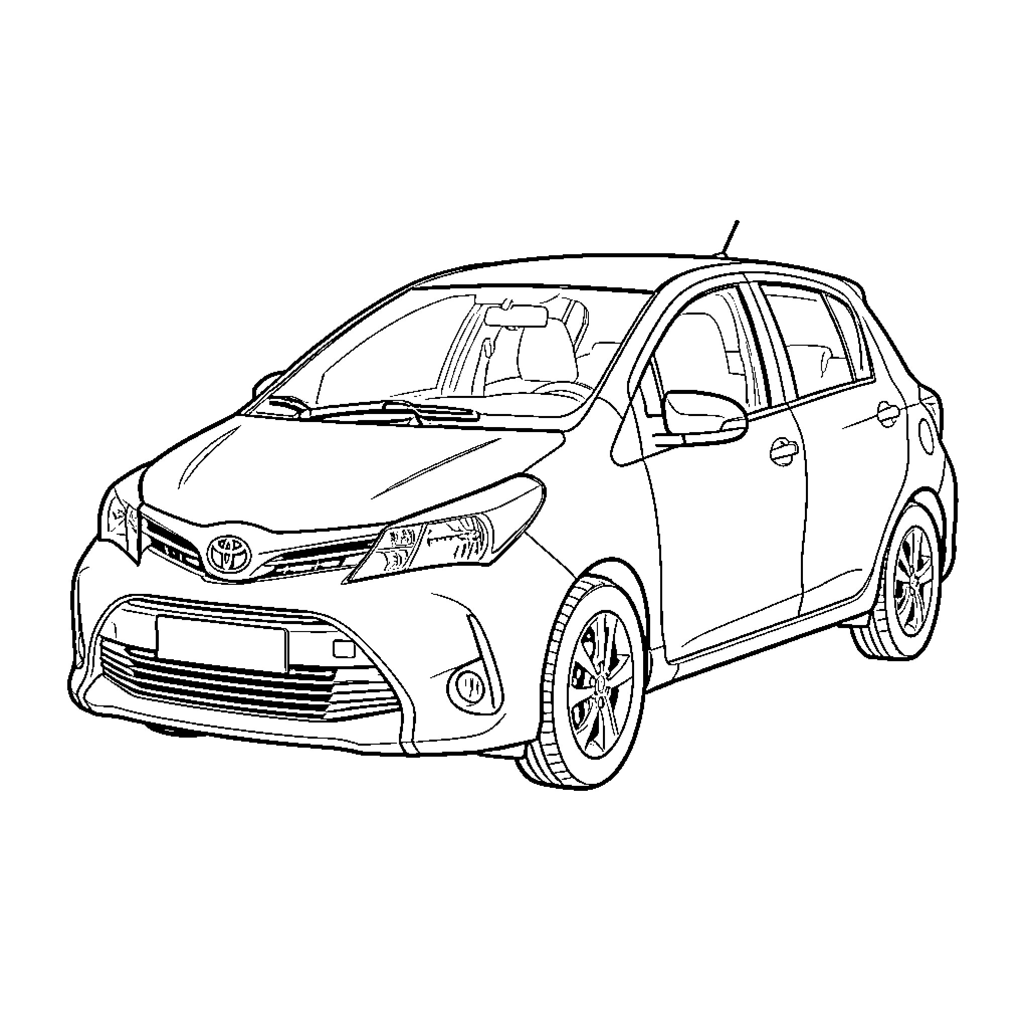Toyota Yaris parked on a plain background Coloring Page (free black-and-white line drawing printable PDF for all, from beginners to advanced learners, including children, teens, adults, and seniors)
