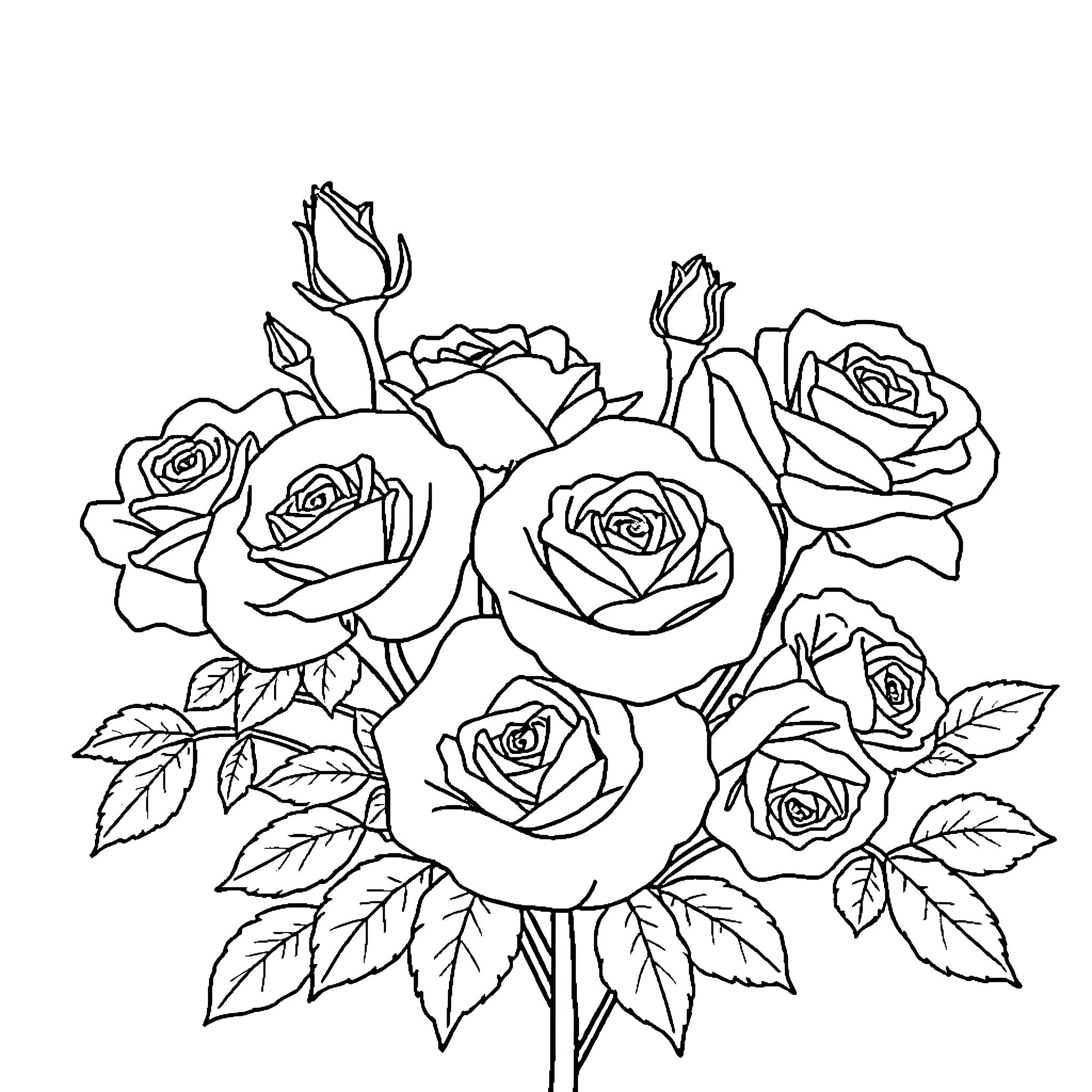 Rose Bouquet Sketch with Detailed Floral Elements Coloring Page (free black-and-white line drawing printable PDF for all, from beginners to advanced learners, including children, teens, adults, and seniors)