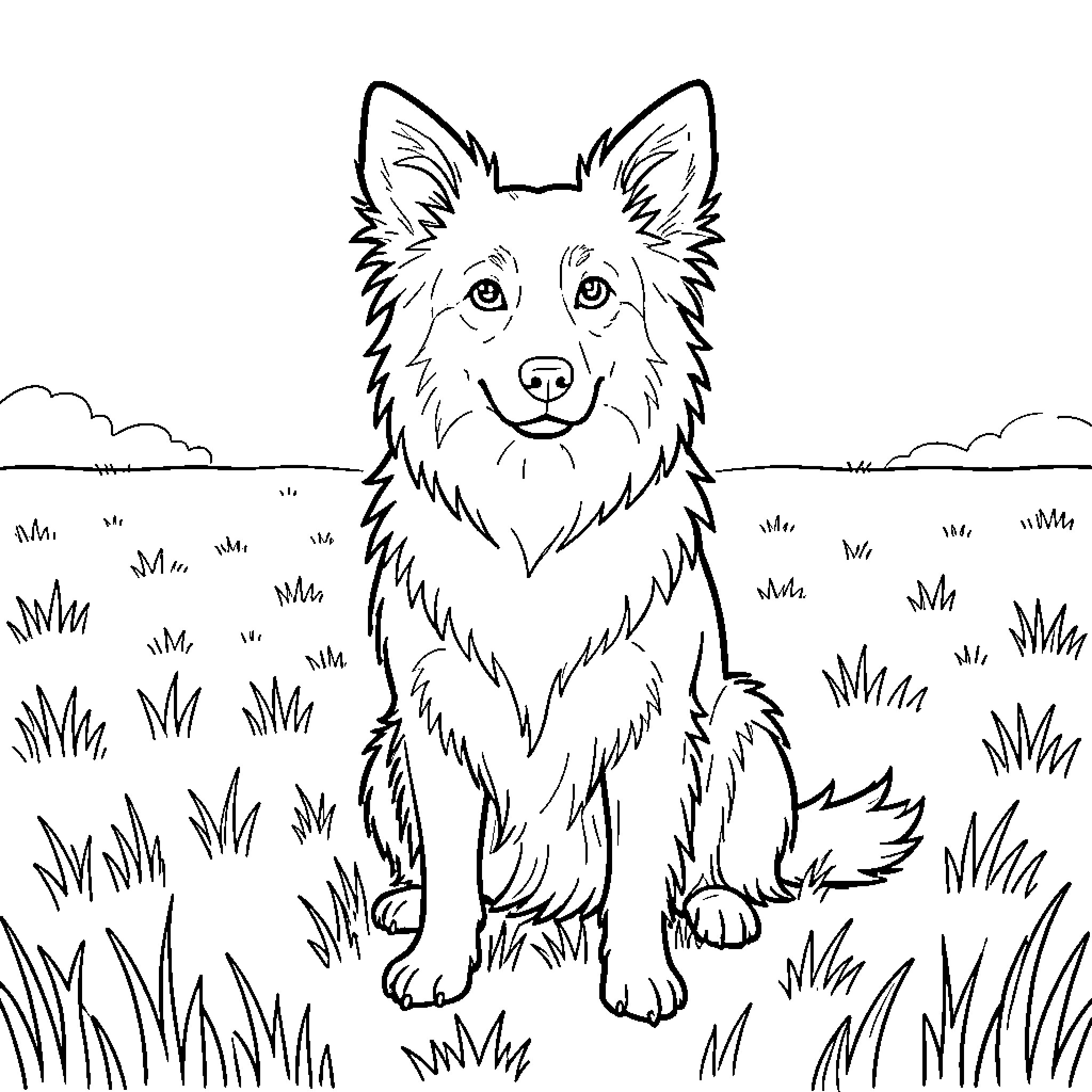 Border Collie sitting calmly in a grassy field Coloring Page (free black-and-white line drawing printable PDF for all, from beginners to advanced learners, including children, teens, adults, and seniors)