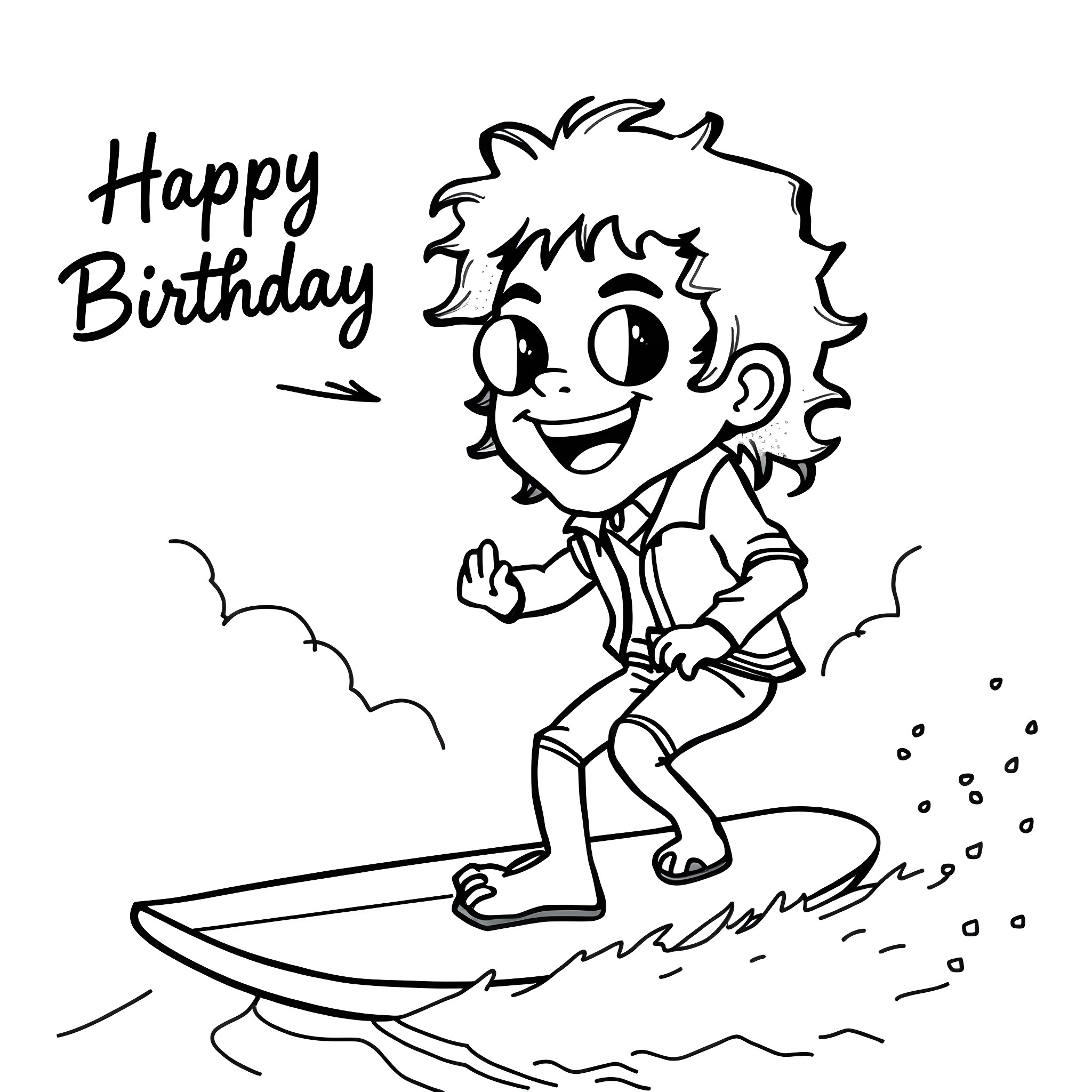 Michael Jackson surfing happily on a happy birthday card Coloring Page (free black-and-white line drawing printable PDF for all, from beginners to advanced learners, including children, teens, adults, and seniors)