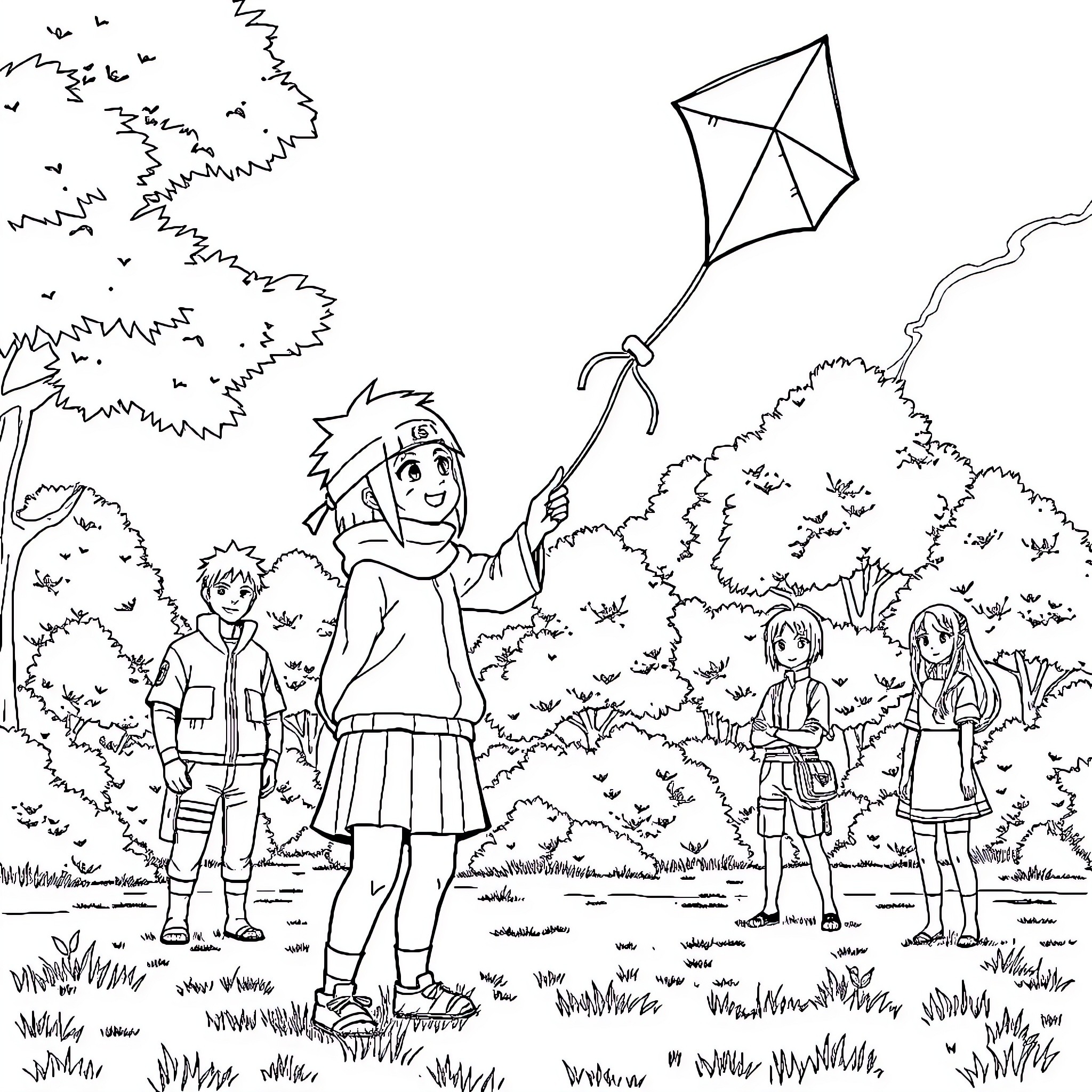 Girl flying kite with friends in outdoor setting Coloring Page (free black-and-white line drawing printable PDF for all, from beginners to advanced learners, including children, teens, adults, and seniors)