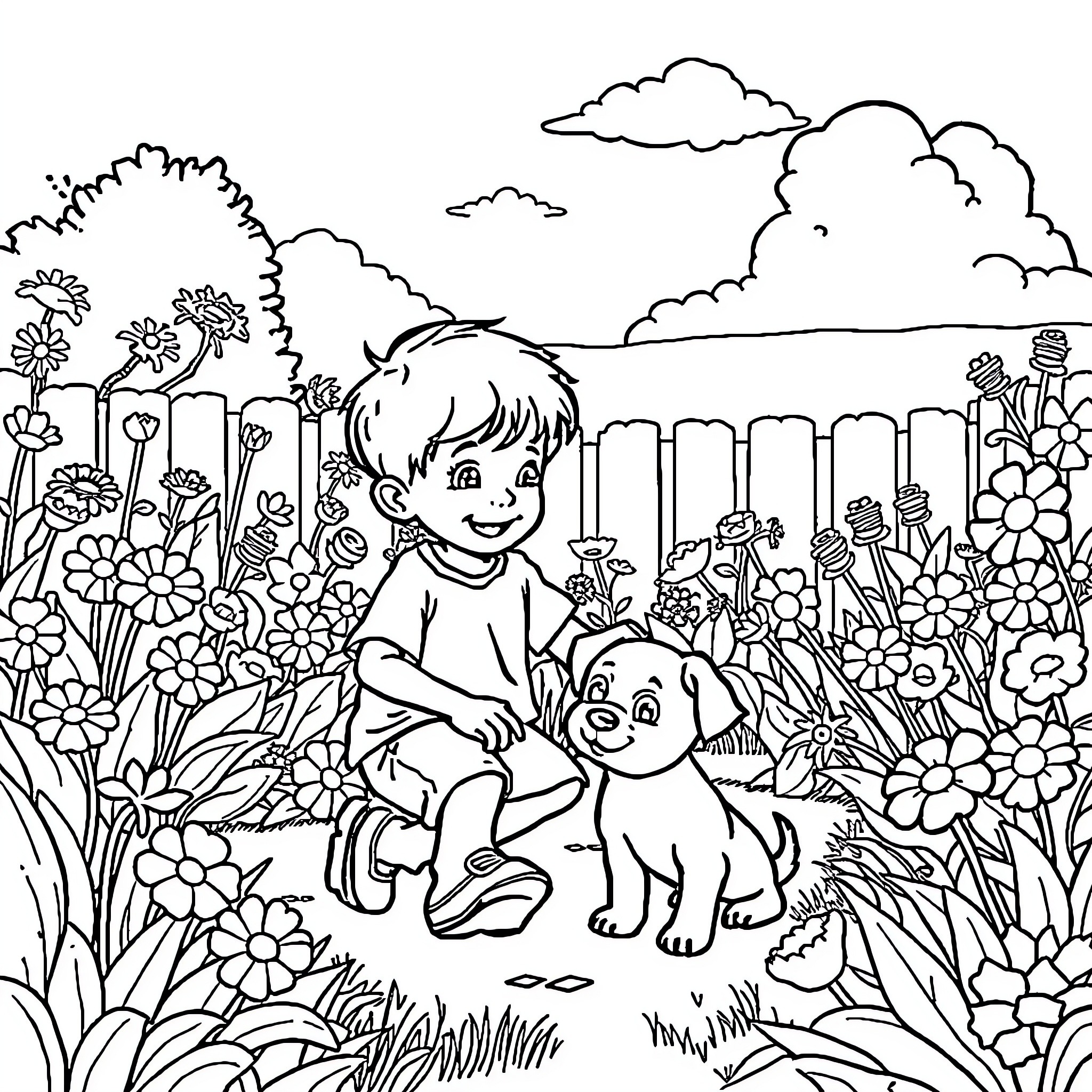 Boy playing happily with his dog in the garden Coloring Page (free black-and-white line drawing printable PDF for all, from beginners to advanced learners, including children, teens, adults, and seniors)