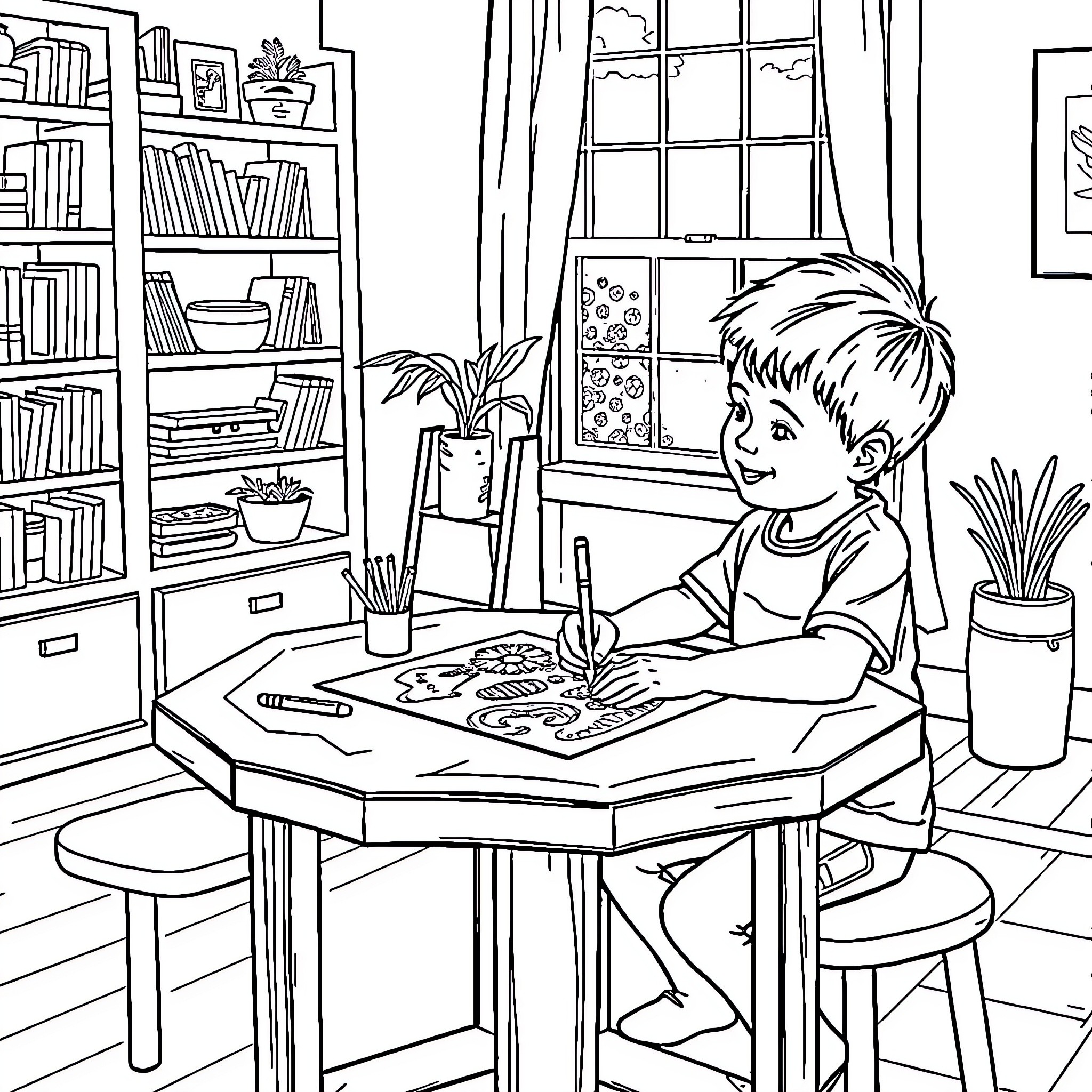 Boy drawing or coloring at a table in his room Coloring Page (free black-and-white line drawing printable PDF for all, from beginners to advanced learners, including children, teens, adults, and seniors)