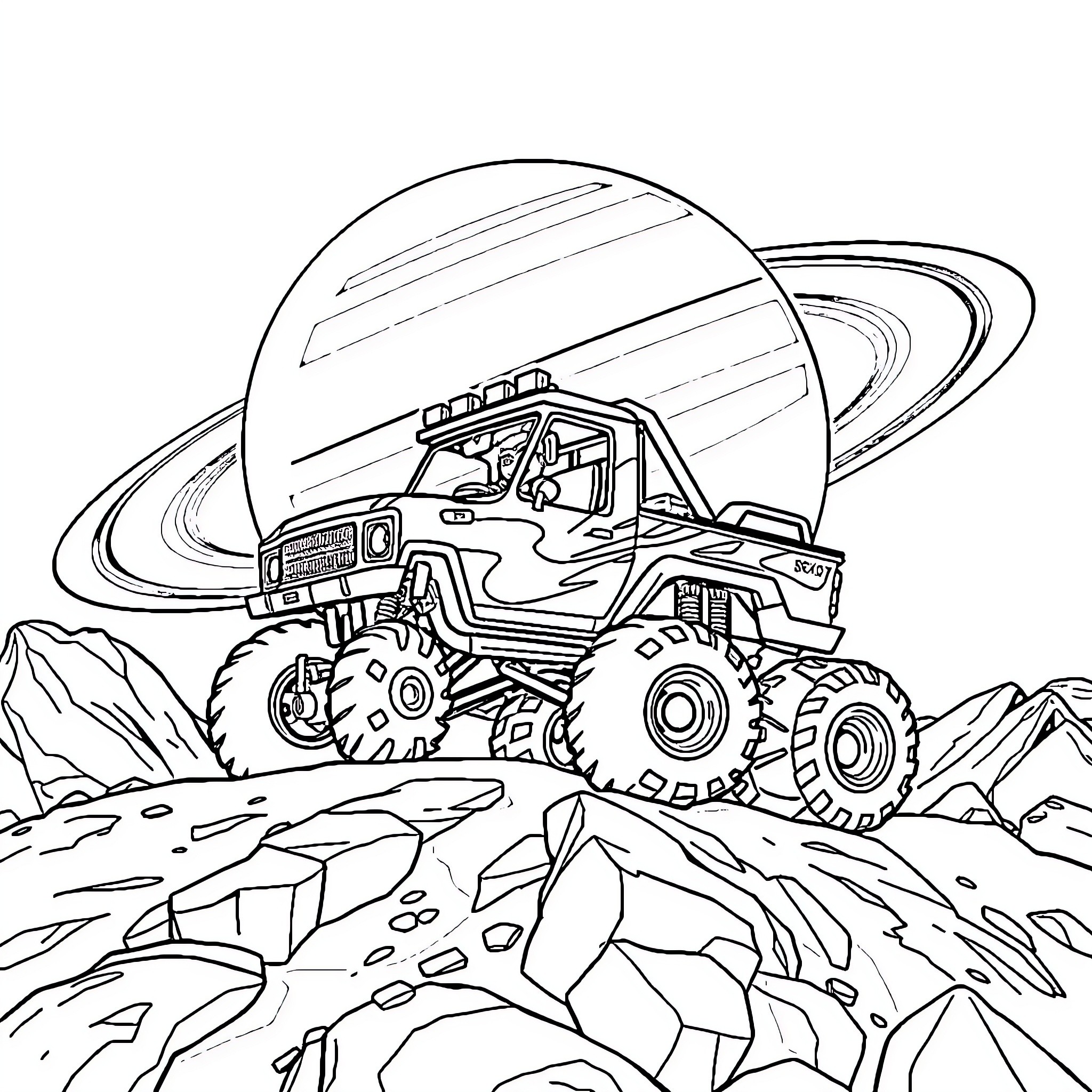 Ben 10 Alien Monster Truck Exploring Alien Landscape Coloring Page (free black-and-white line drawing printable PDF for all, from beginners to advanced learners, including children, teens, adults, and seniors)