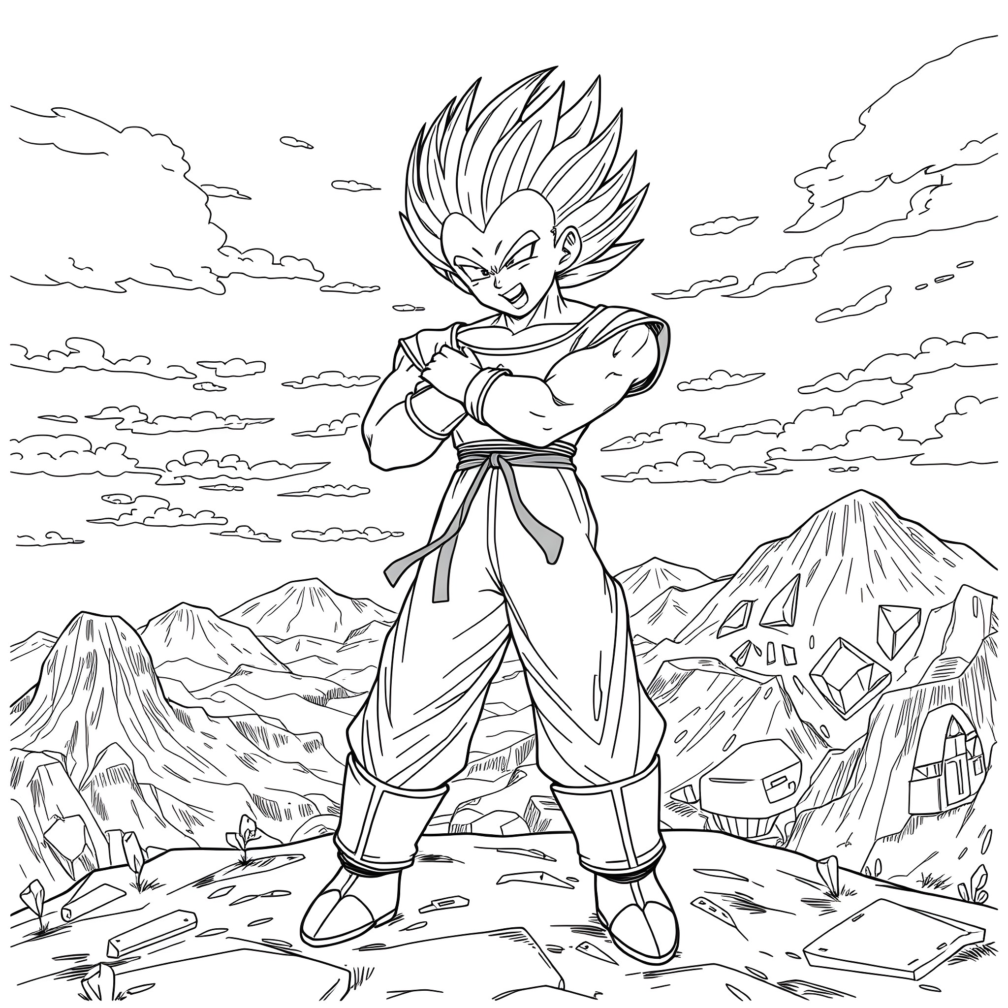 Vegeta standing tall and proud in the mountains Coloring Page (free black-and-white line drawing printable PDF for all, from beginners to advanced learners, including children, teens, adults, and seniors)