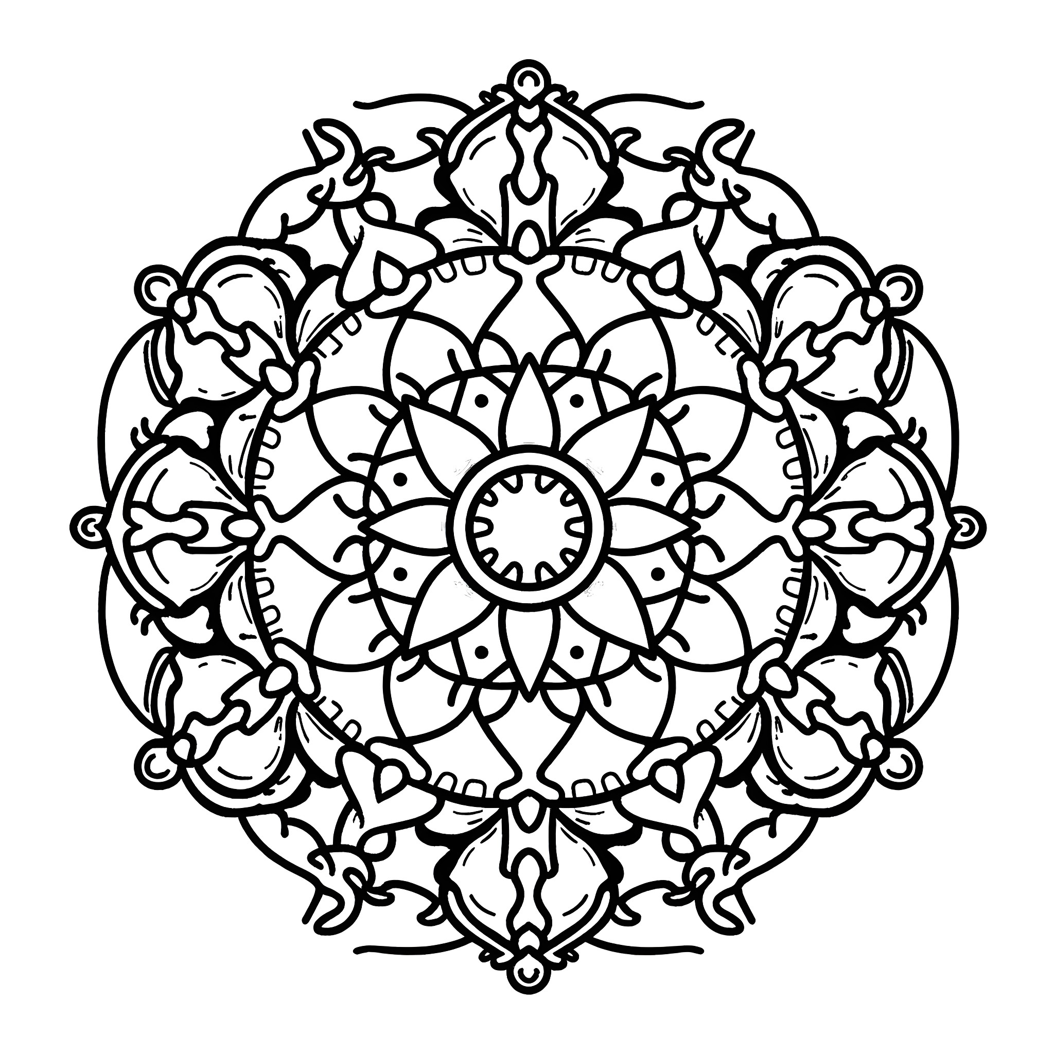 Mandalas with intricate symmetrical patterns Coloring Page (free black-and-white line drawing printable PDF for all, from beginners to advanced learners, including children, teens, adults, and seniors)