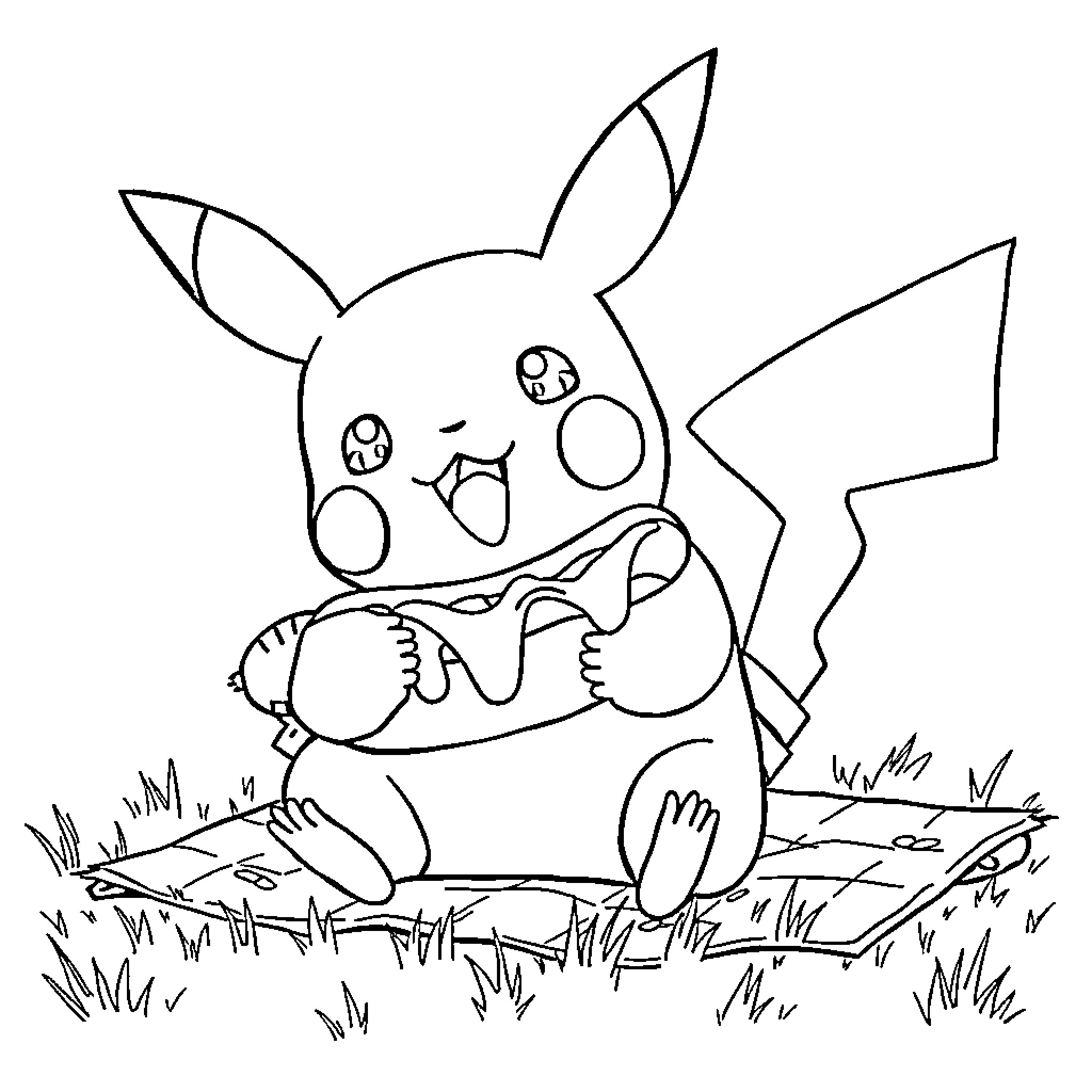 Pikachu enjoying a picnic in the park Coloring Page (free black-and-white line drawing printable PDF for all, from beginners to advanced learners, including children, teens, adults, and seniors)