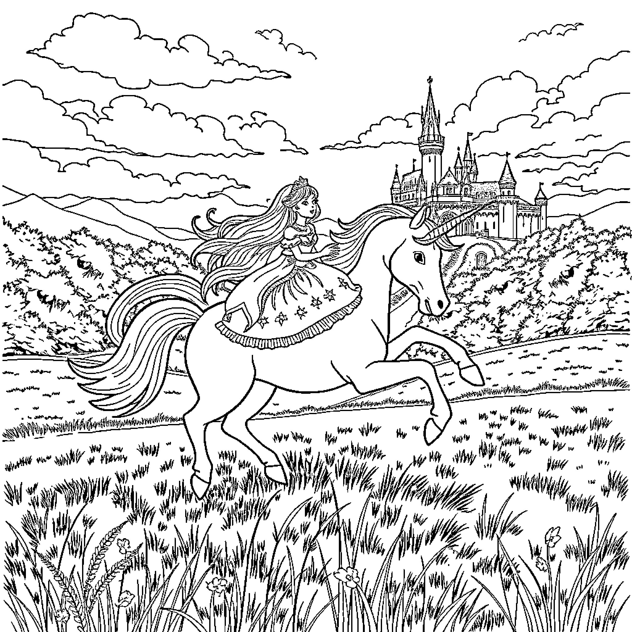 Unicorn riding towards the magical castle Coloring Page (free black-and-white line drawing printable PDF for all, from beginners to advanced learners, including children, teens, adults, and seniors)