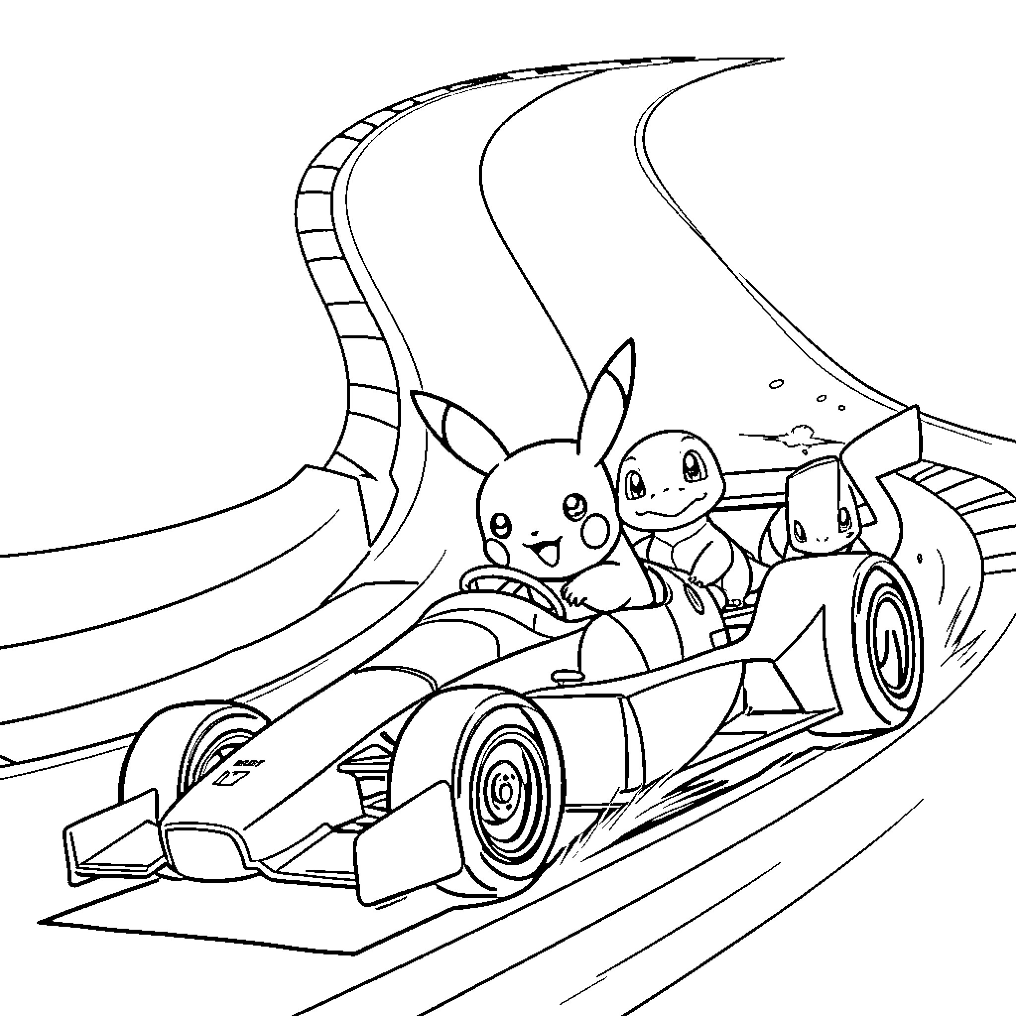 Pikachu and friends racing down a roller coaster track Coloring Page (free black-and-white line drawing printable PDF for all, from beginners to advanced learners, including children, teens, adults, and seniors)