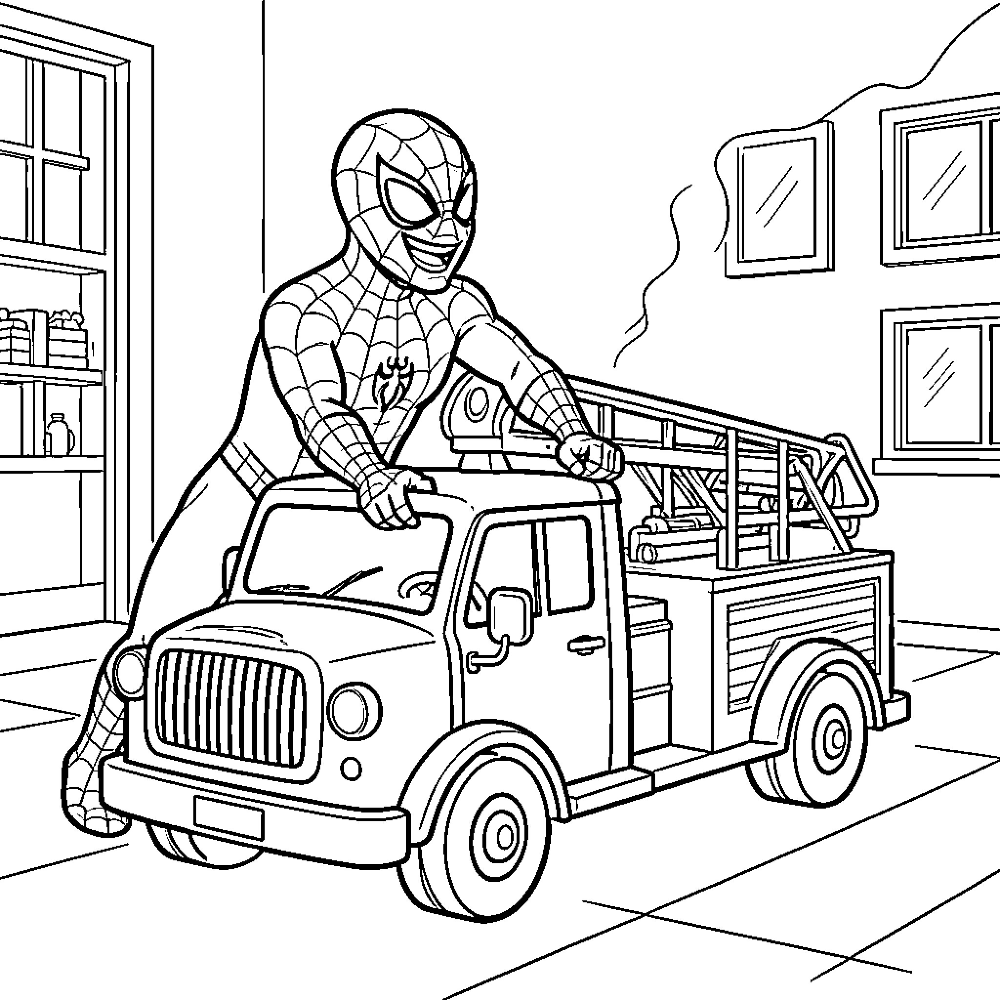 Spiderman riding a fire truck with a smile Coloring Page (free black-and-white line drawing printable PDF for all, from beginners to advanced learners, including children, teens, adults, and seniors)