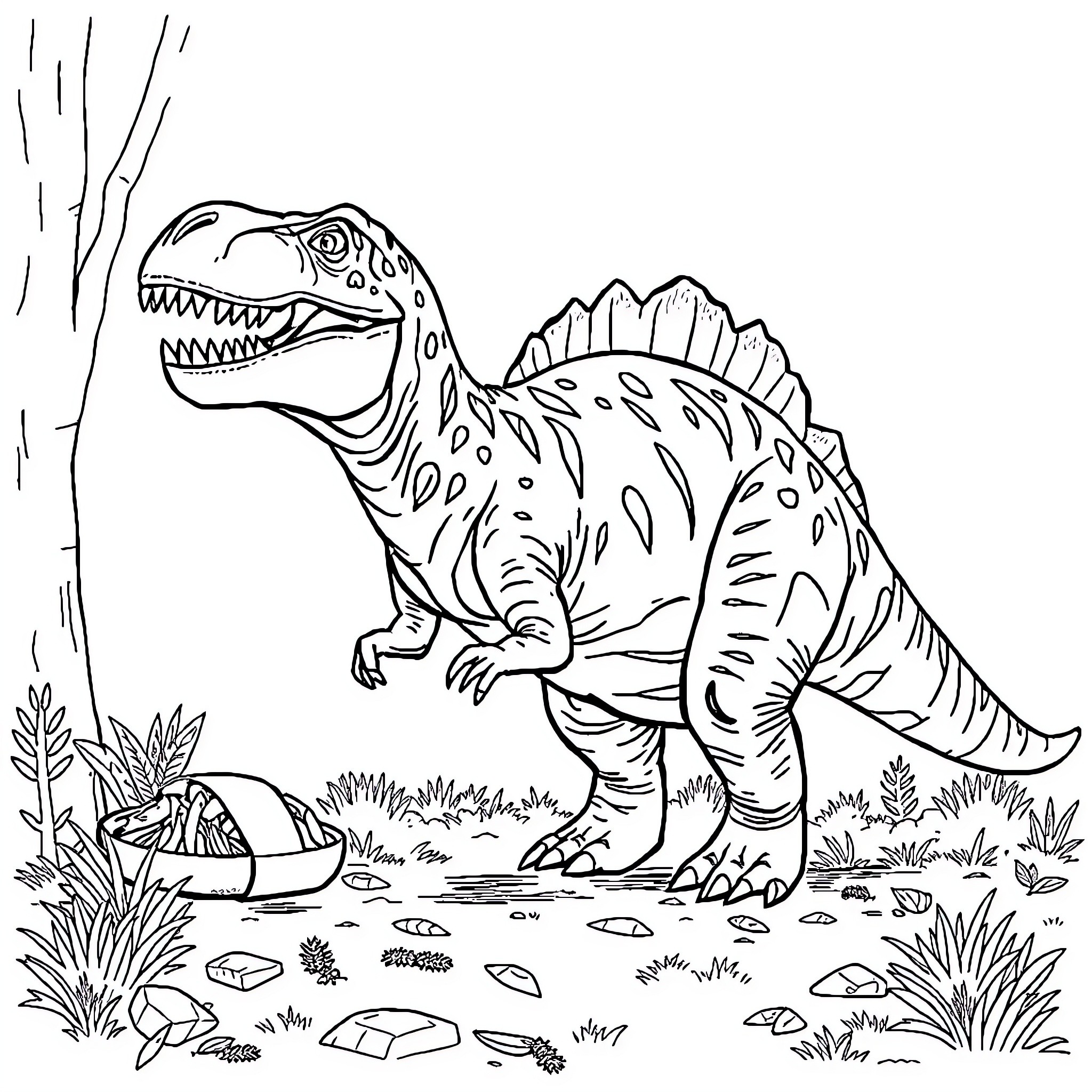 Tyrannosaurus Stomping Through the Prehistoric Landscape Coloring Page (free black-and-white line drawing printable PDF for all, from beginners to advanced learners, including children, teens, adults, and seniors)