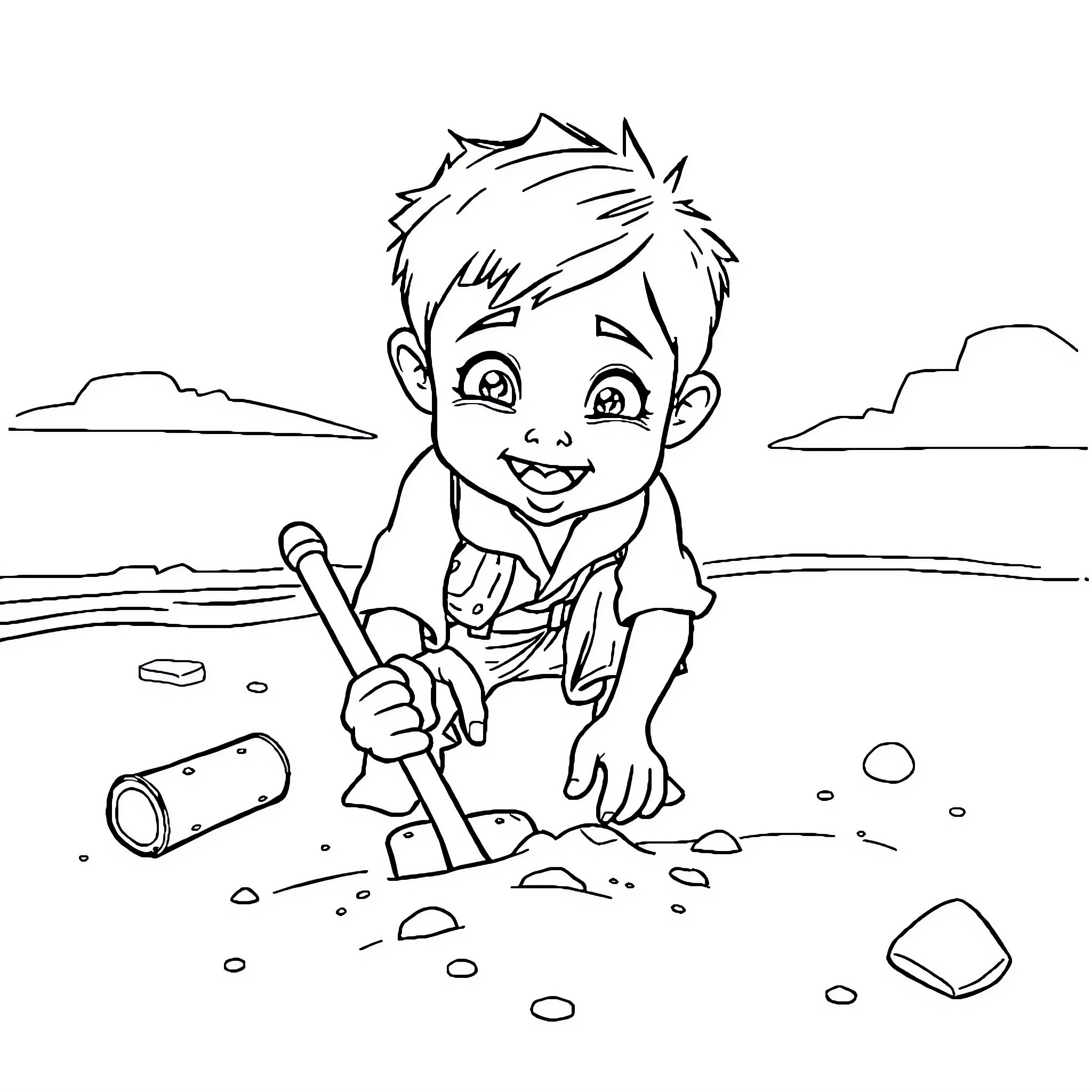 Kid exploring the outdoors with a shovel Coloring Page (free black-and-white line drawing printable PDF for all, from beginners to advanced learners, including children, teens, adults, and seniors)