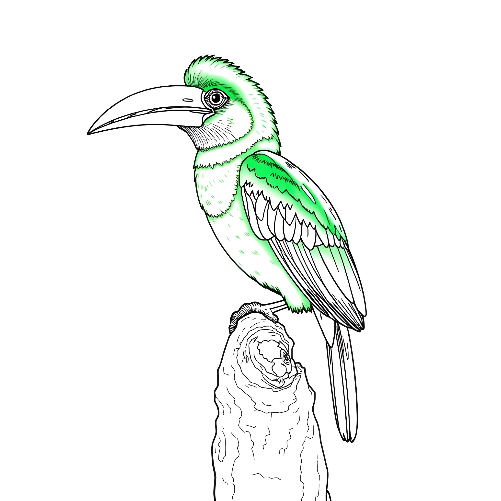 Toucanet perched on a branch Coloring Page (free black-and-white line drawing printable PDF for all, from beginners to advanced learners, including children, teens, adults, and seniors)