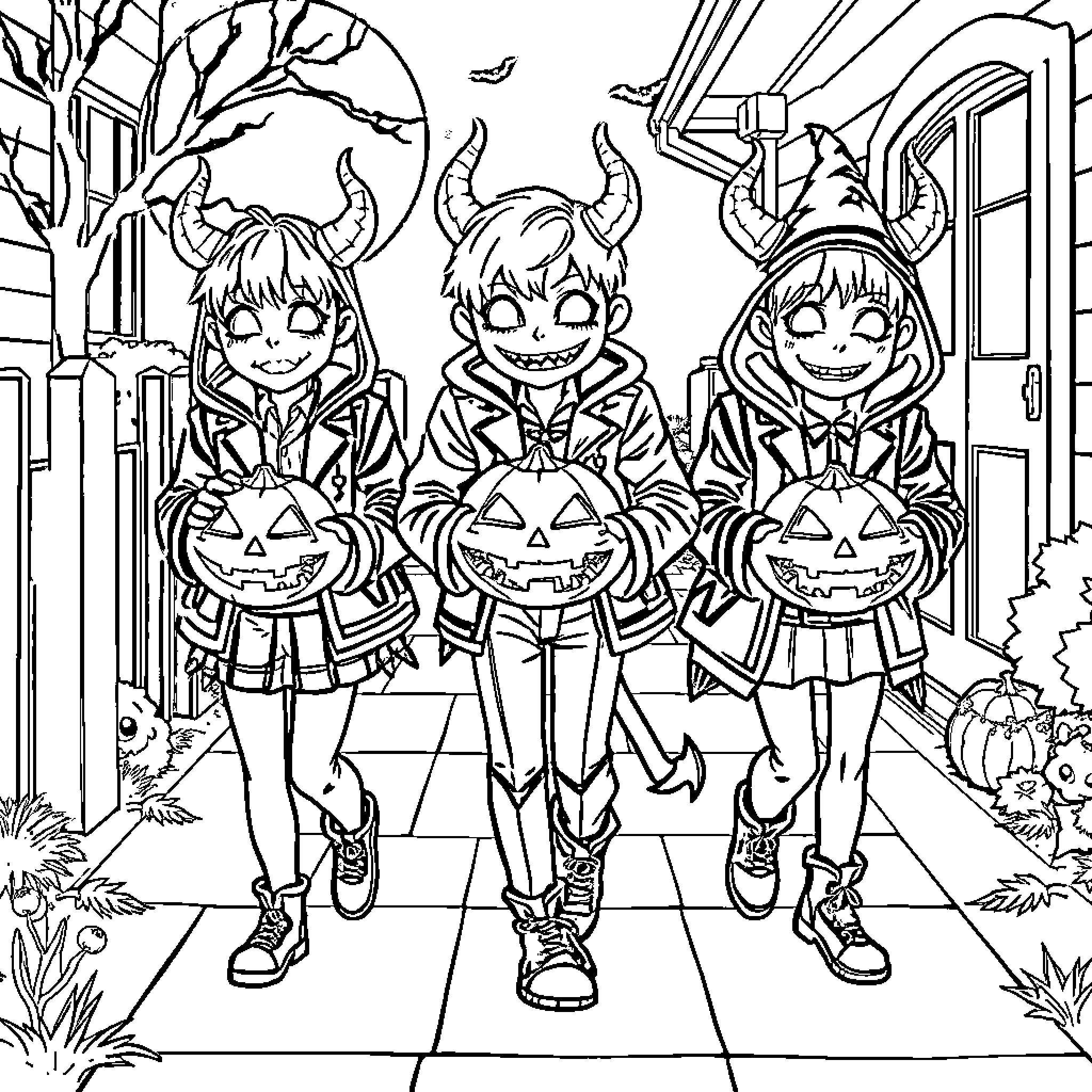 Demon Hunters in Halloween Costumes Trick-or-Treating Coloring Page (free black-and-white line drawing printable PDF for all, from beginners to advanced learners, including children, teens, adults, and seniors)