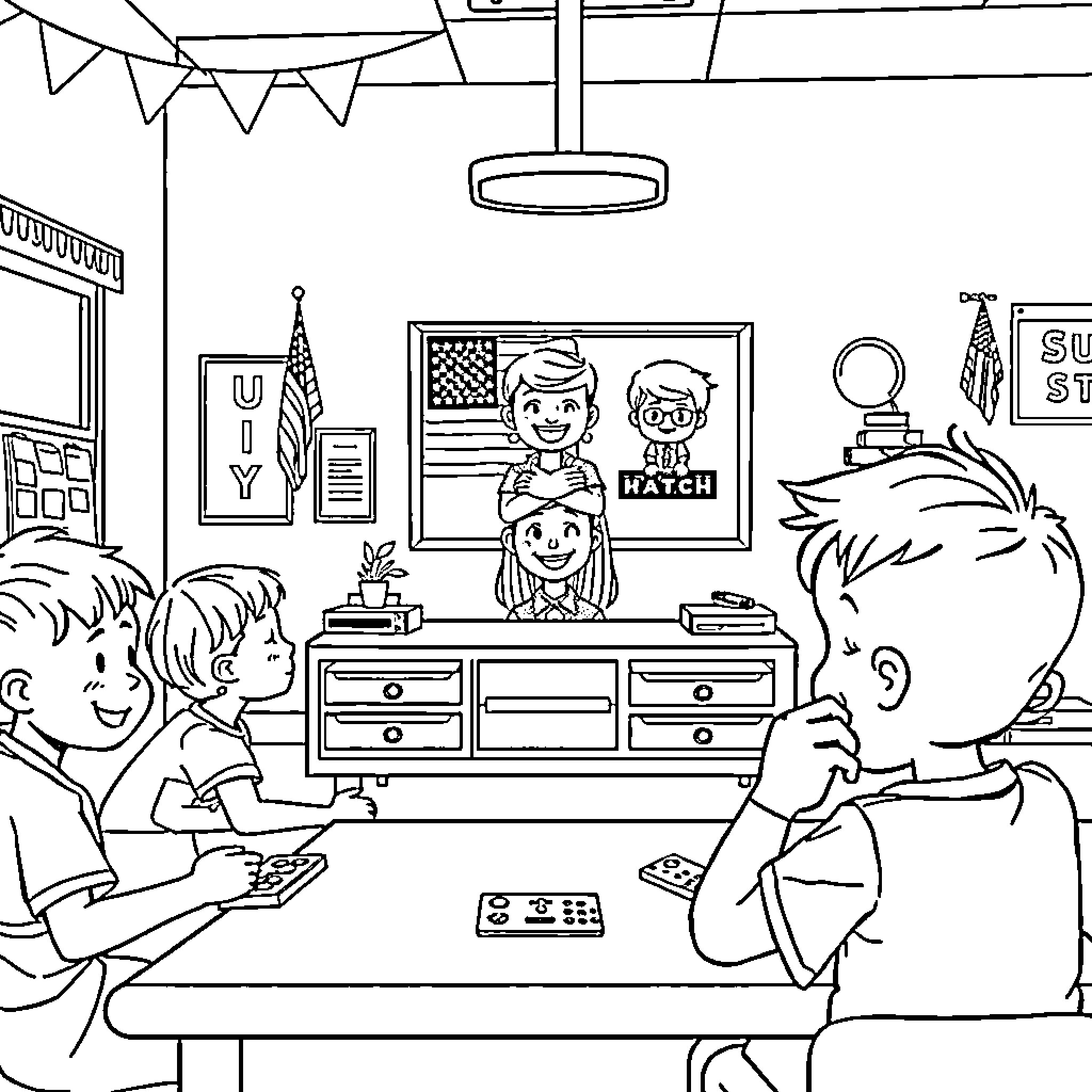 Classroom of students engaged in learning activities Coloring Page (free black-and-white line drawing printable PDF for all, from beginners to advanced learners, including children, teens, adults, and seniors)