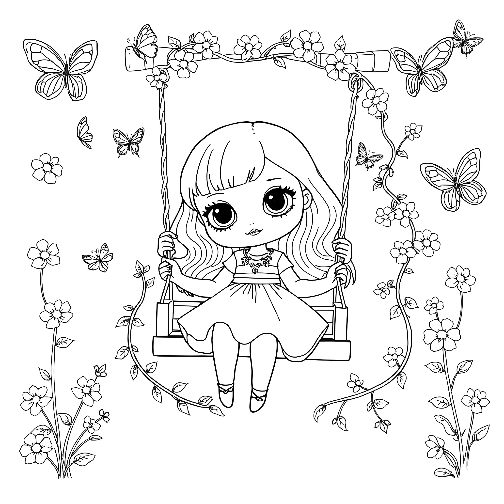 Doll swinging in floral garden with butterflies Coloring Page (free black-and-white line drawing printable PDF for all, from beginners to advanced learners, including children, teens, adults, and seniors)