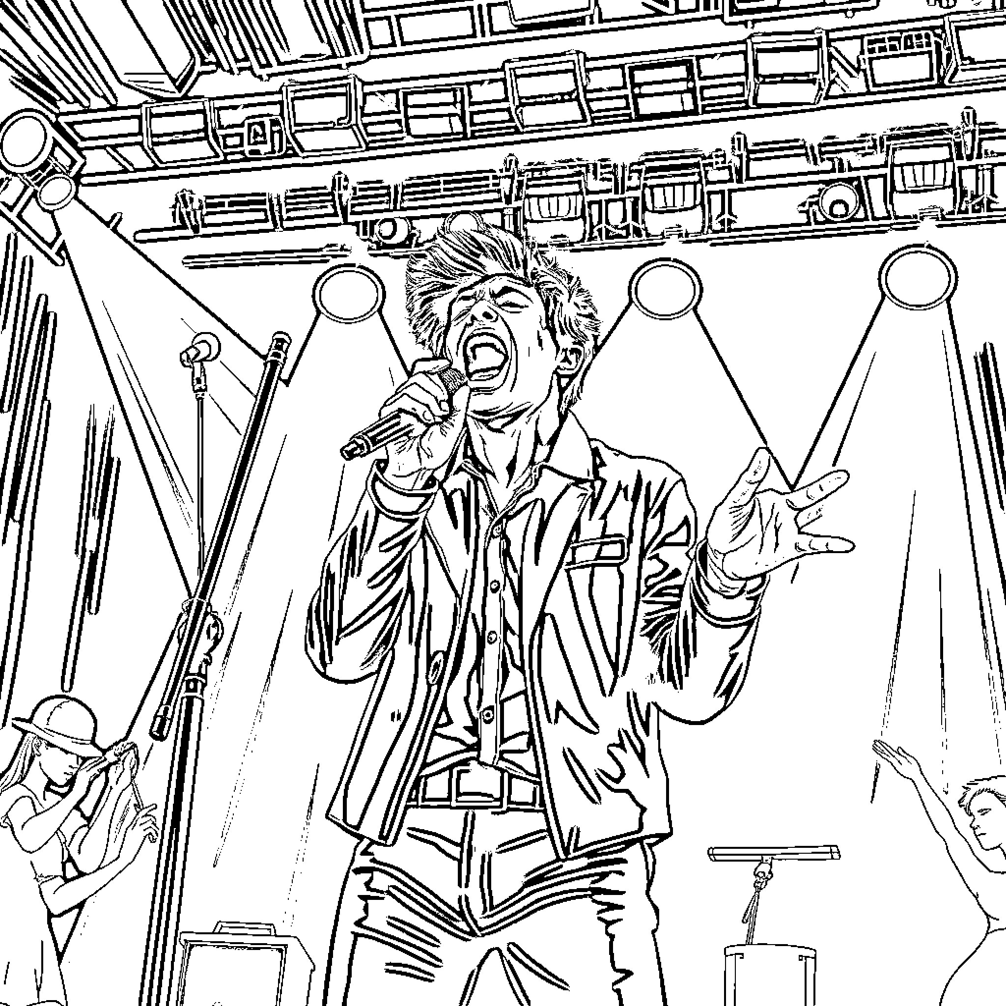 Huntrix Performer Singing Energetically on Stage Coloring Page (free black-and-white line drawing printable PDF for all, from beginners to advanced learners, including children, teens, adults, and seniors)