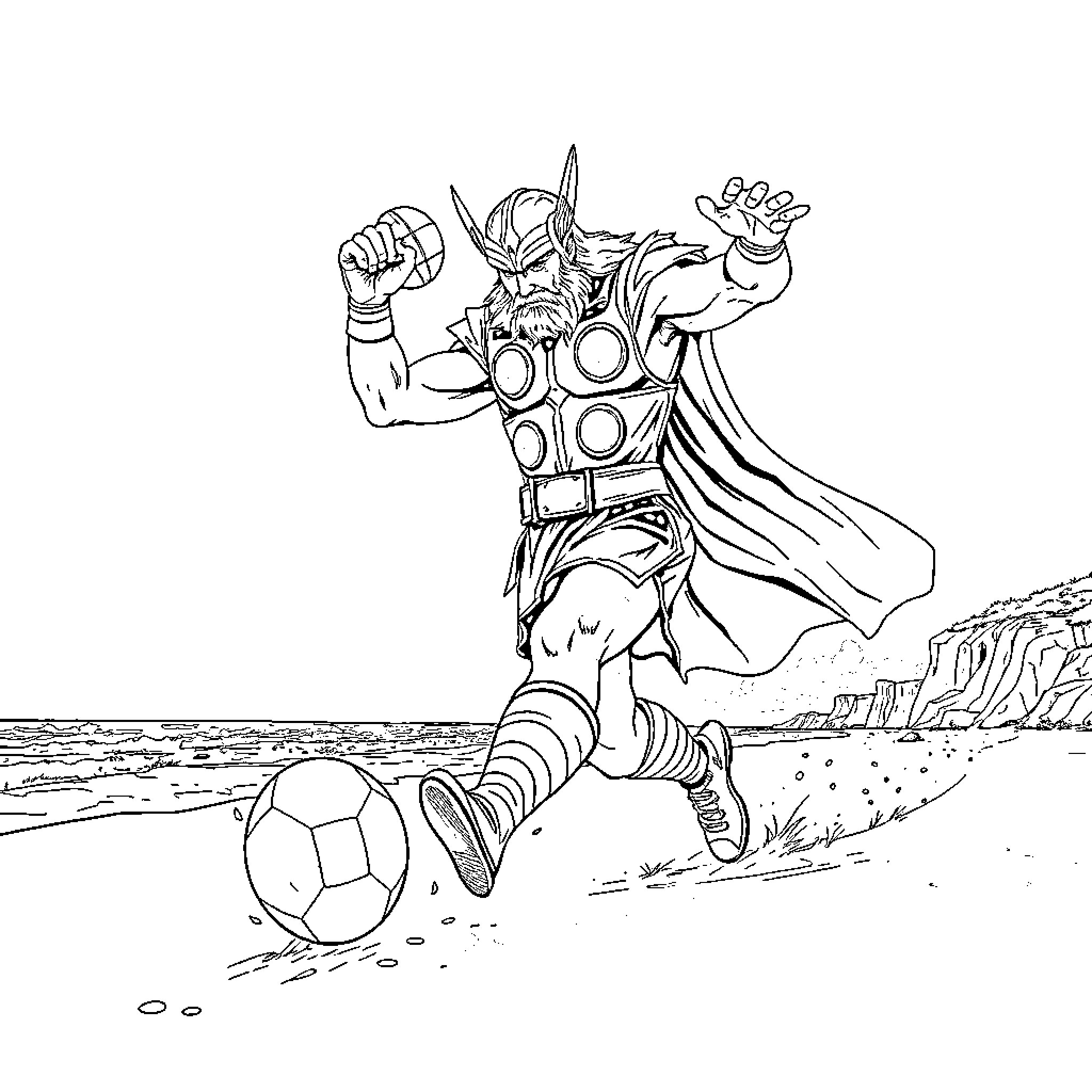 Thor playing soccer on the beach Coloring Page (free black-and-white line drawing printable PDF for all, from beginners to advanced learners, including children, teens, adults, and seniors)