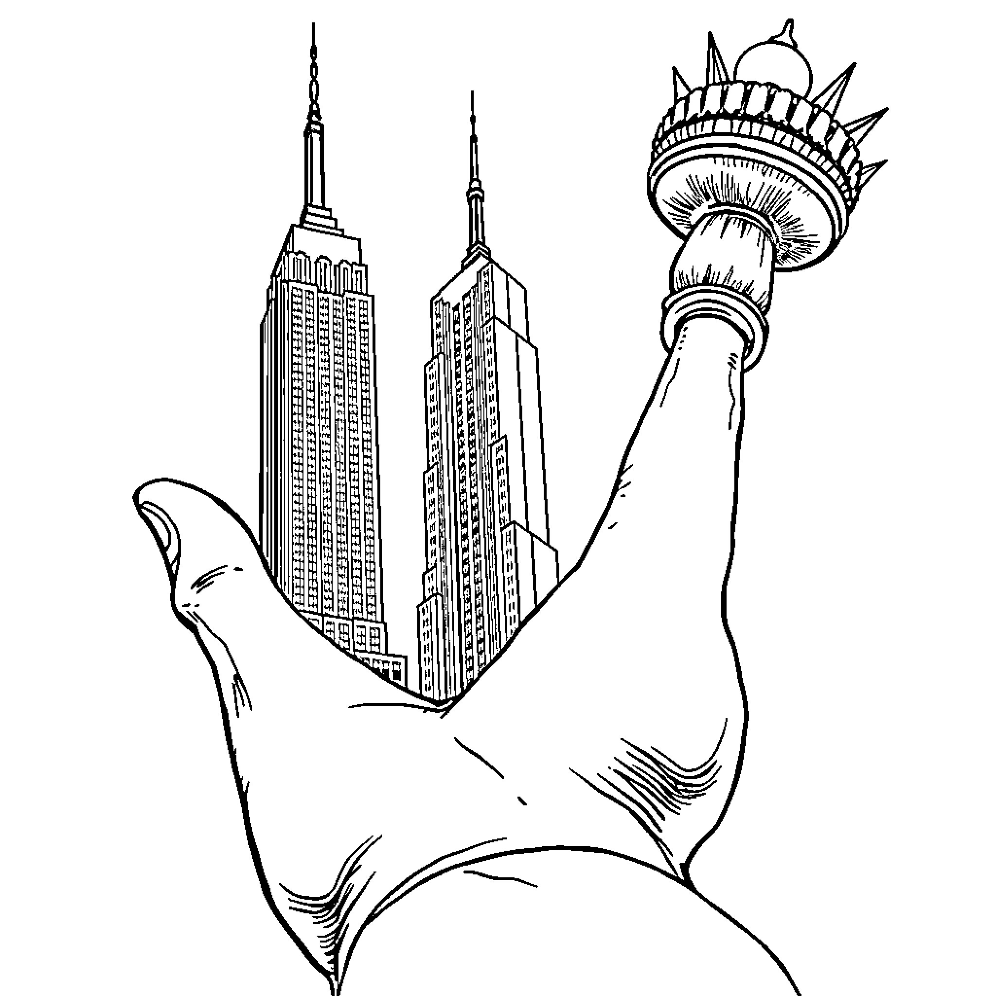 Empire State Building and Statue of Liberty in cityscape Coloring Page (free black-and-white line drawing printable PDF for all, from beginners to advanced learners, including children, teens, adults, and seniors)