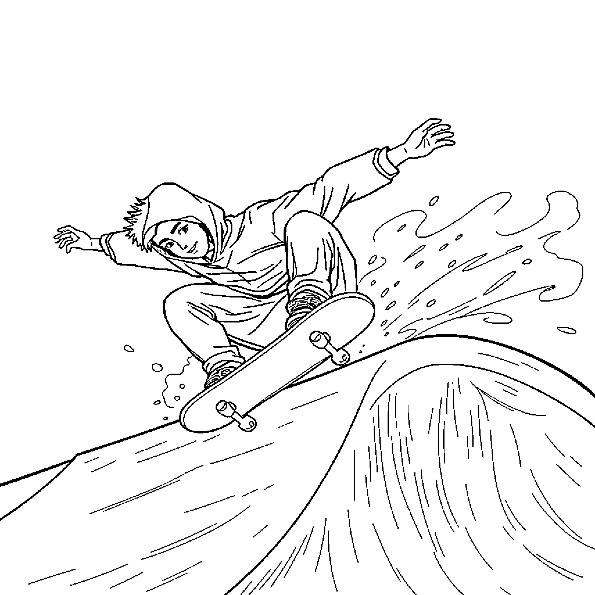 Hamza riding a skateboard down a ramp Coloring Page (free black-and-white line drawing printable PDF for all, from beginners to advanced learners, including children, teens, adults, and seniors)