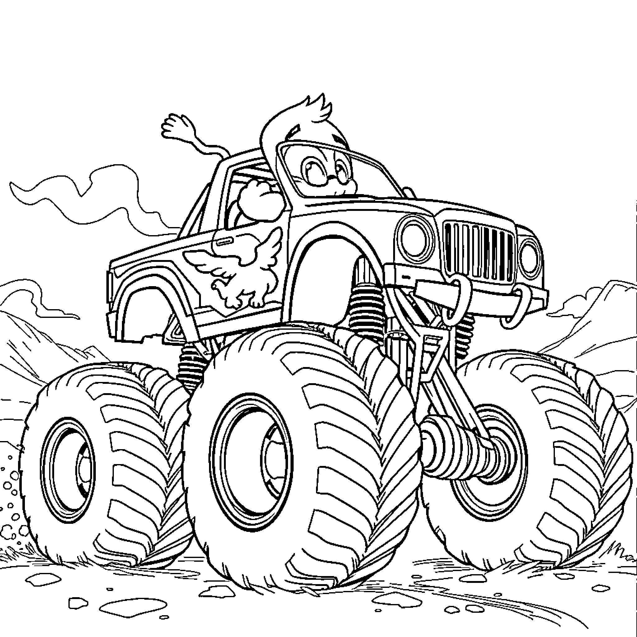 Bluey's Monster Truck Adventure Coloring Page (free black-and-white line drawing printable PDF for all, from beginners to advanced learners, including children, teens, adults, and seniors)