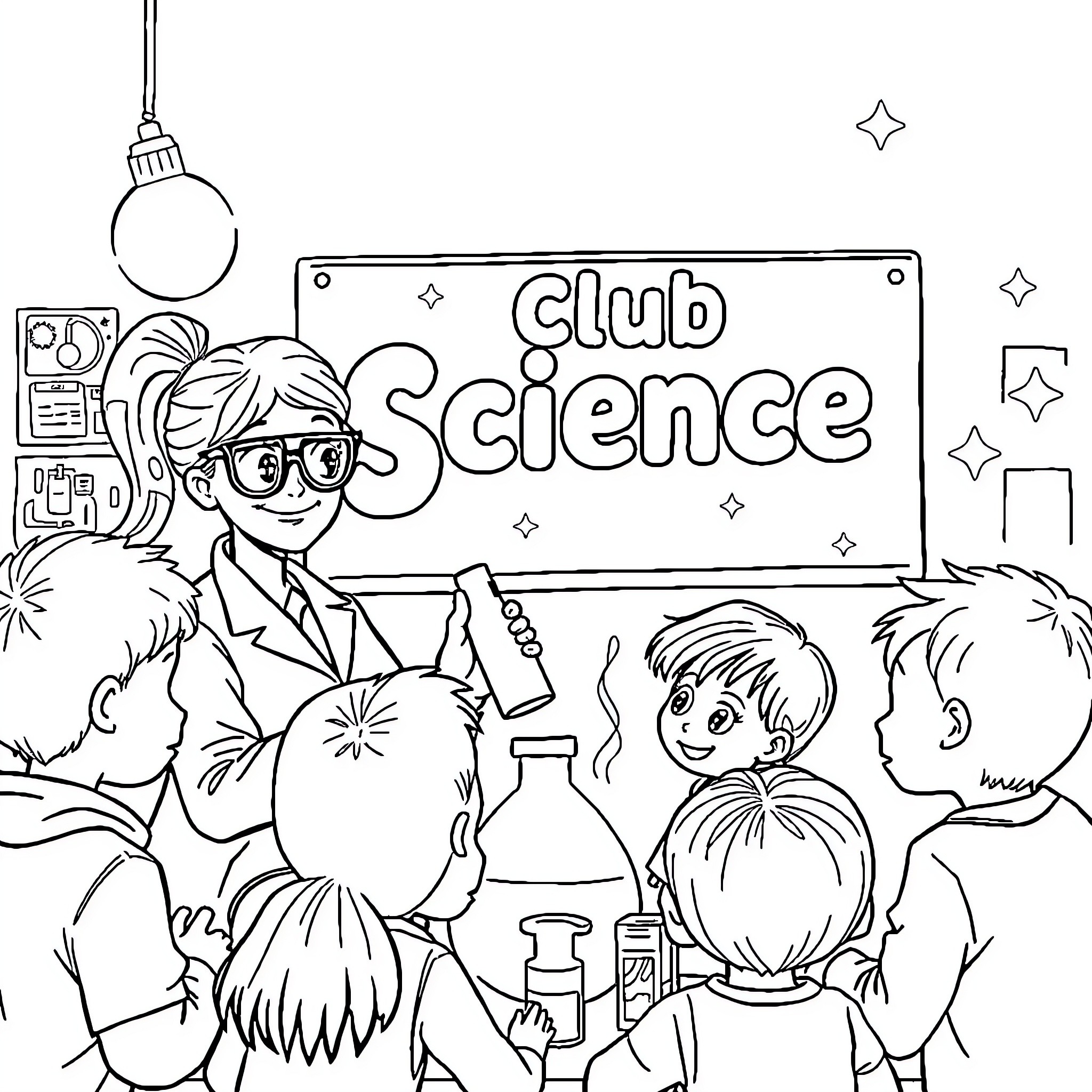 Scientist leading children in a science club activity Coloring Page (free black-and-white line drawing printable PDF for all, from beginners to advanced learners, including children, teens, adults, and seniors)