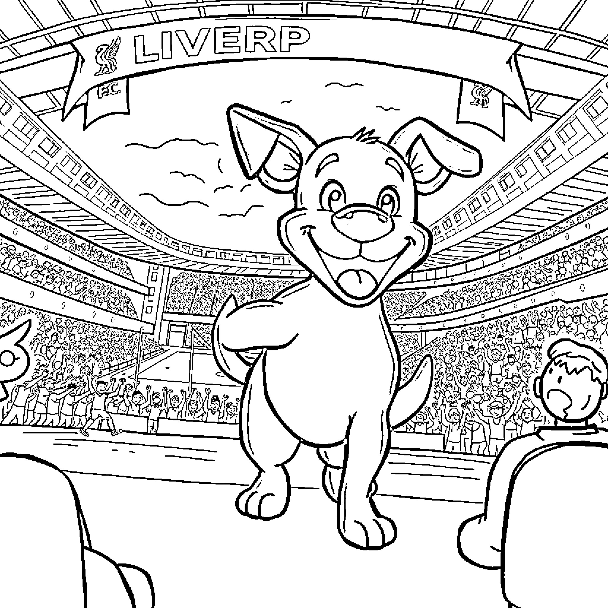Bluey enjoying the big stadium event Coloring Page (free black-and-white line drawing printable PDF for all, from beginners to advanced learners, including children, teens, adults, and seniors)