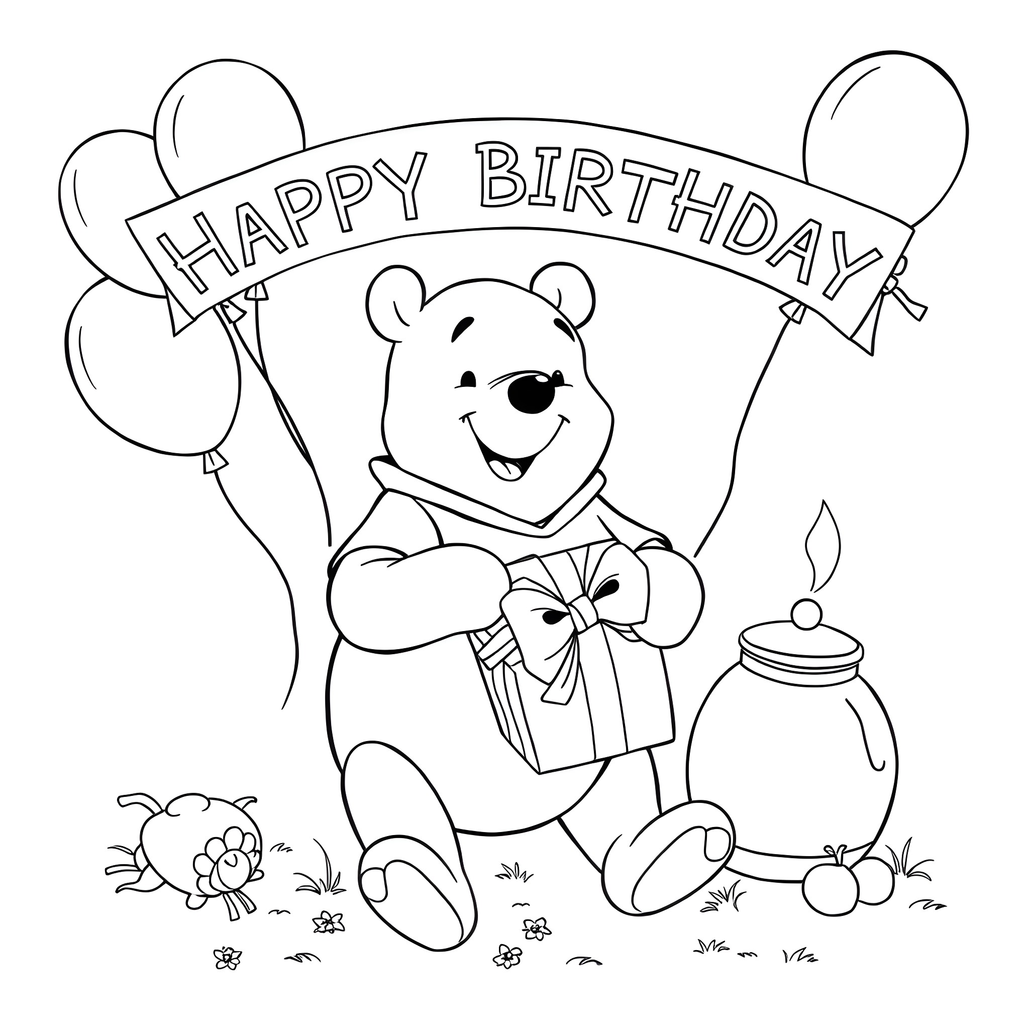 Winnie The Pooh Celebrating His Birthday with Balloons Coloring Page (free black-and-white line drawing printable PDF for all, from beginners to advanced learners, including children, teens, adults, and seniors)