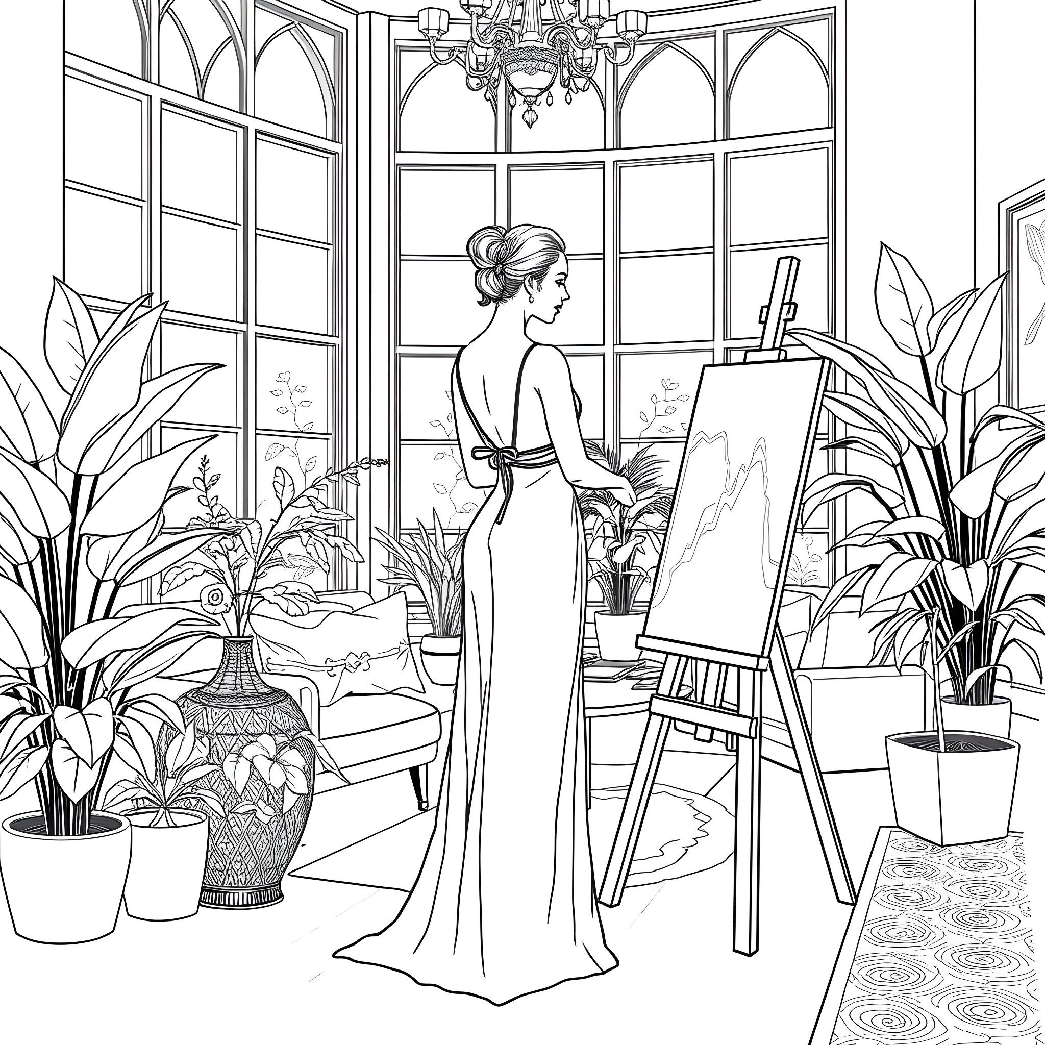 Woman painting in a cozy art studio Coloring Page (free black-and-white line drawing printable PDF for all, from beginners to advanced learners, including children, teens, adults, and seniors)