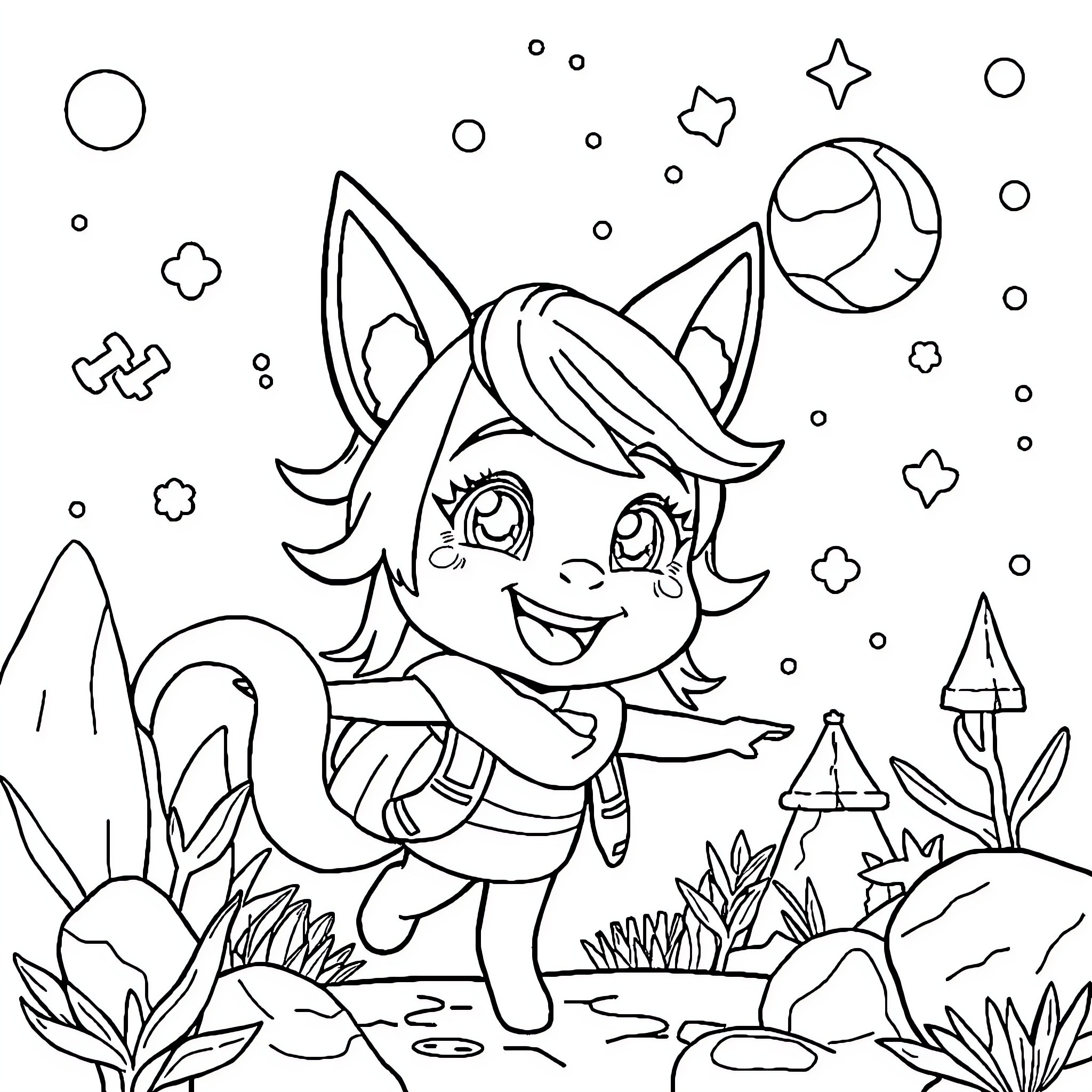CaitVi's Enchanting Adventure in the Whimsical Forest Coloring Page (free black-and-white line drawing printable PDF for all, from beginners to advanced learners, including children, teens, adults, and seniors)