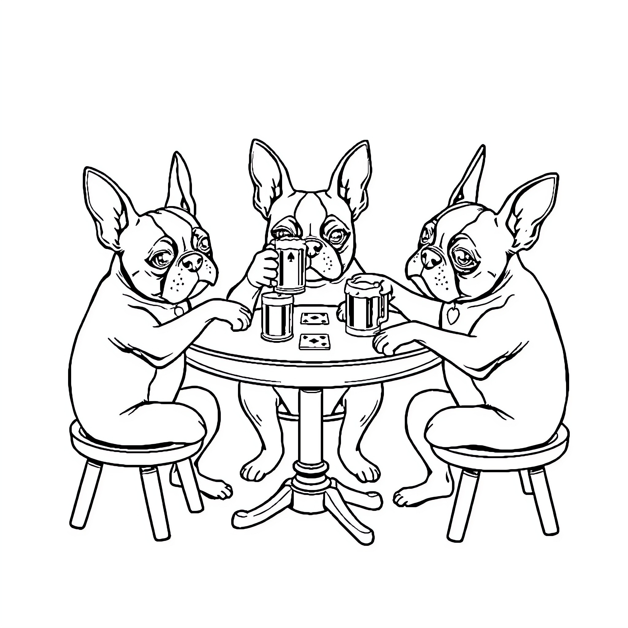 Boston Terriers enjoying coffee together Coloring Page (free black-and-white line drawing printable PDF for all, from beginners to advanced learners, including children, teens, adults, and seniors)