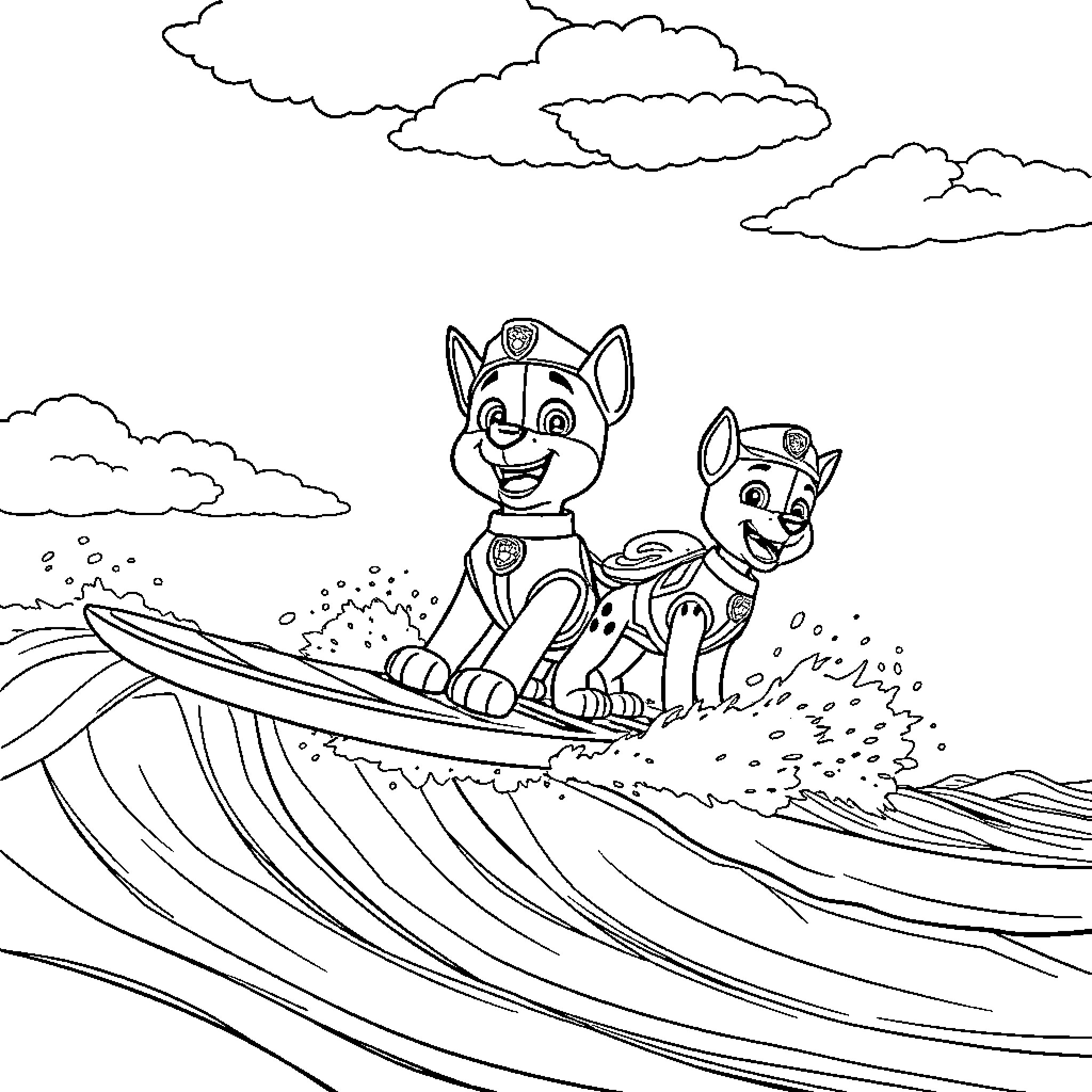 Paw Patrol characters surfing on waves Coloring Page (free black-and-white line drawing printable PDF for all, from beginners to advanced learners, including children, teens, adults, and seniors)