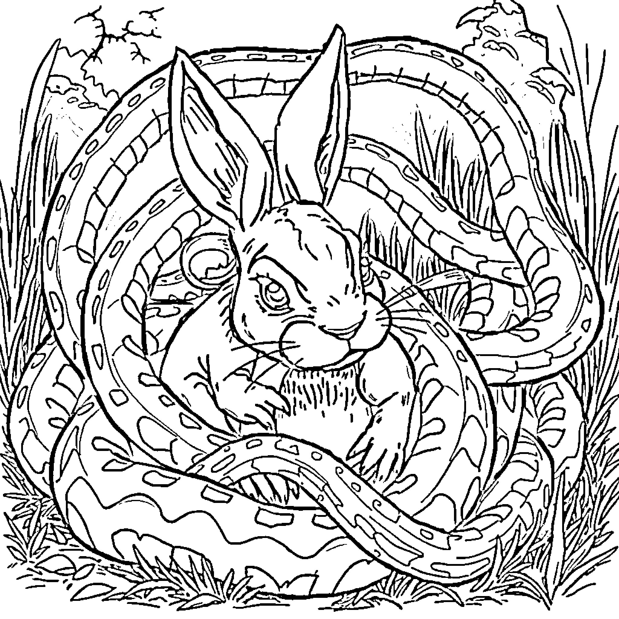 Snake-like rabbit in a decorative egg-shaped frame Coloring Page (free black-and-white line drawing printable PDF for all, from beginners to advanced learners, including children, teens, adults, and seniors)