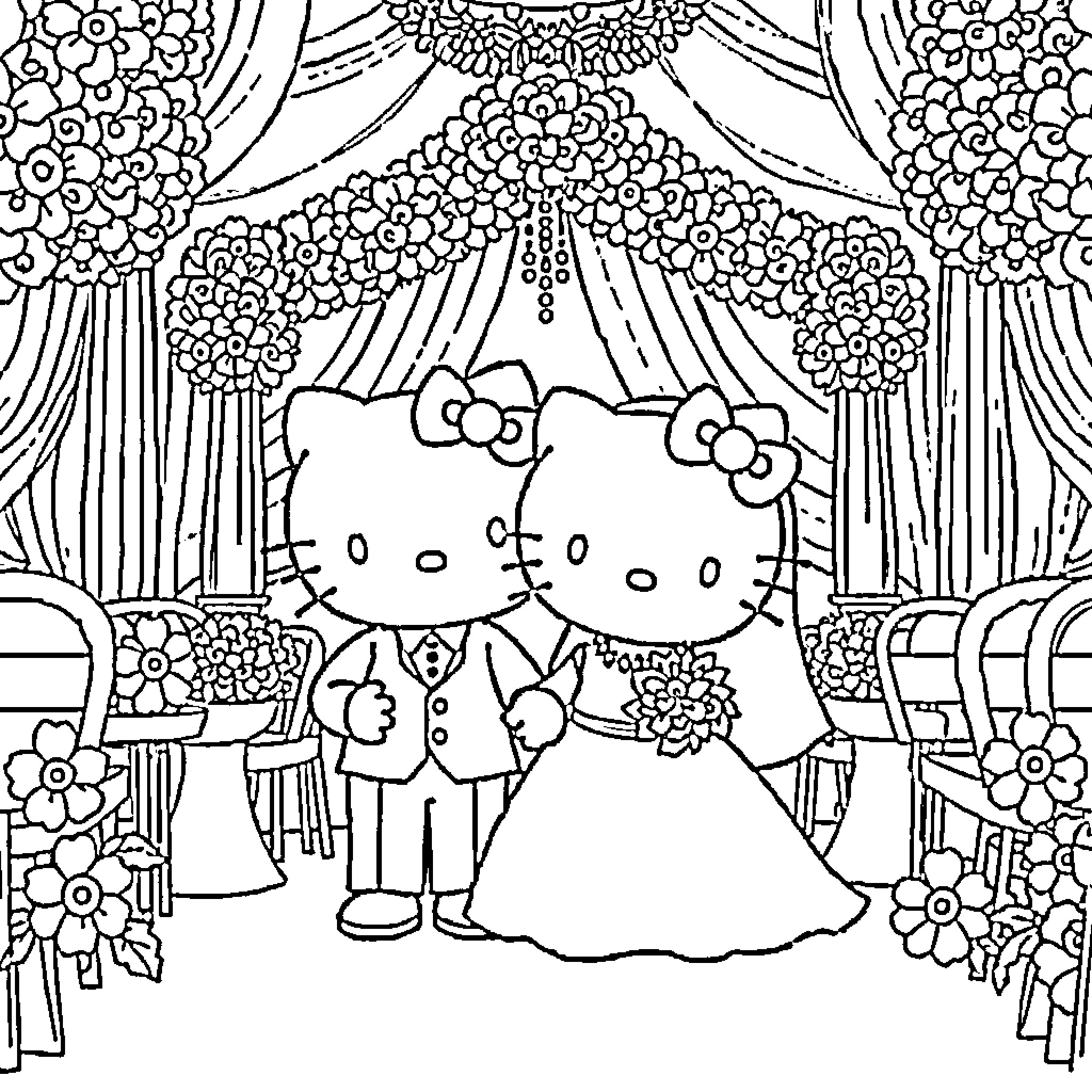 Hello Kitty Wedding Ceremony with Floral Decor Coloring Page (free black-and-white line drawing printable PDF for all, from beginners to advanced learners, including children, teens, adults, and seniors)