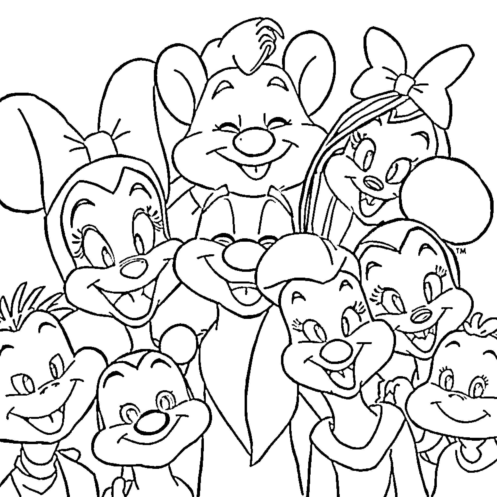 Disney Characters Laughing and Smiling Together Coloring Page (free black-and-white line drawing printable PDF for all, from beginners to advanced learners, including children, teens, adults, and seniors)