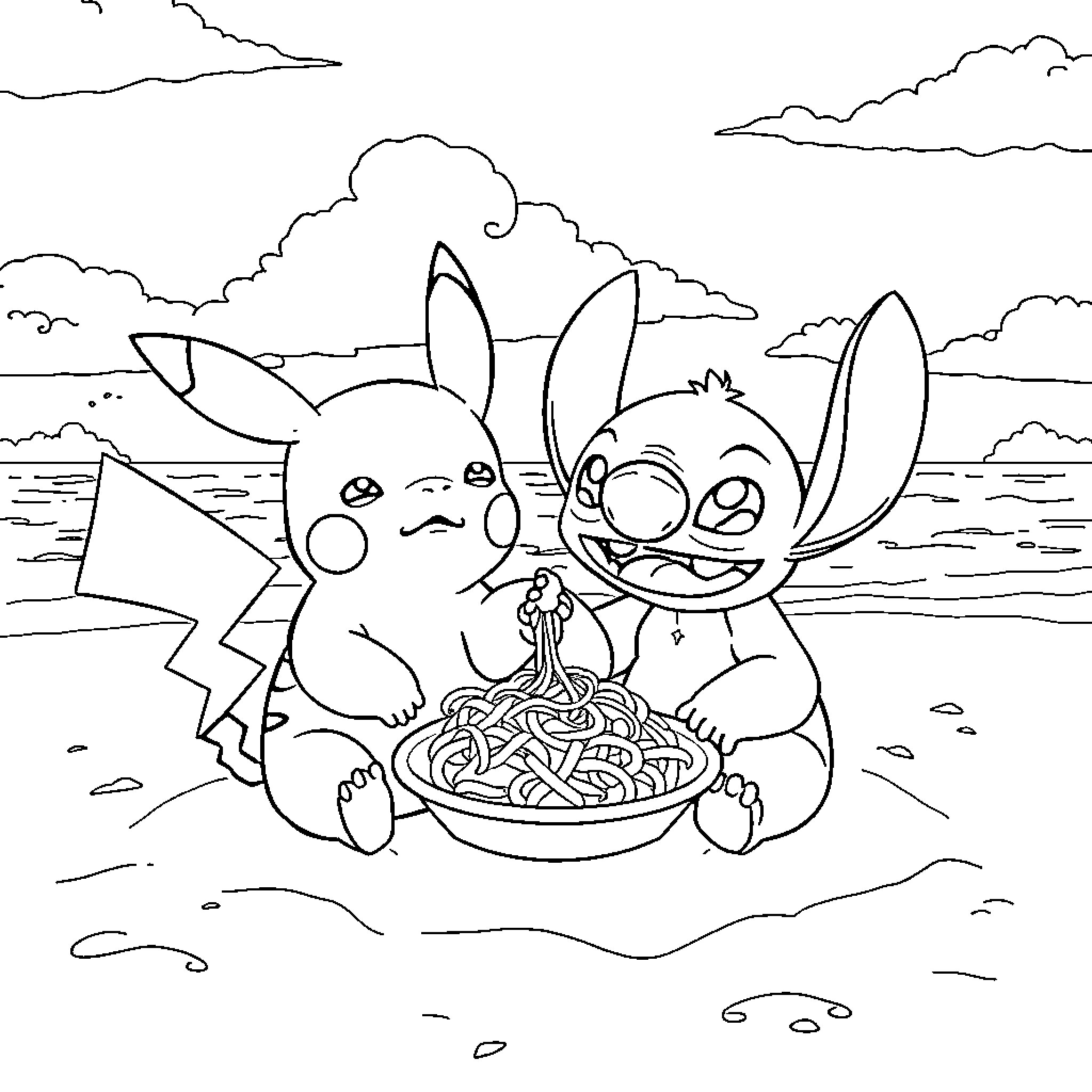 Pikachu and Stitch Enjoying a Meal Together Coloring Page (free black-and-white line drawing printable PDF for all, from beginners to advanced learners, including children, teens, adults, and seniors)