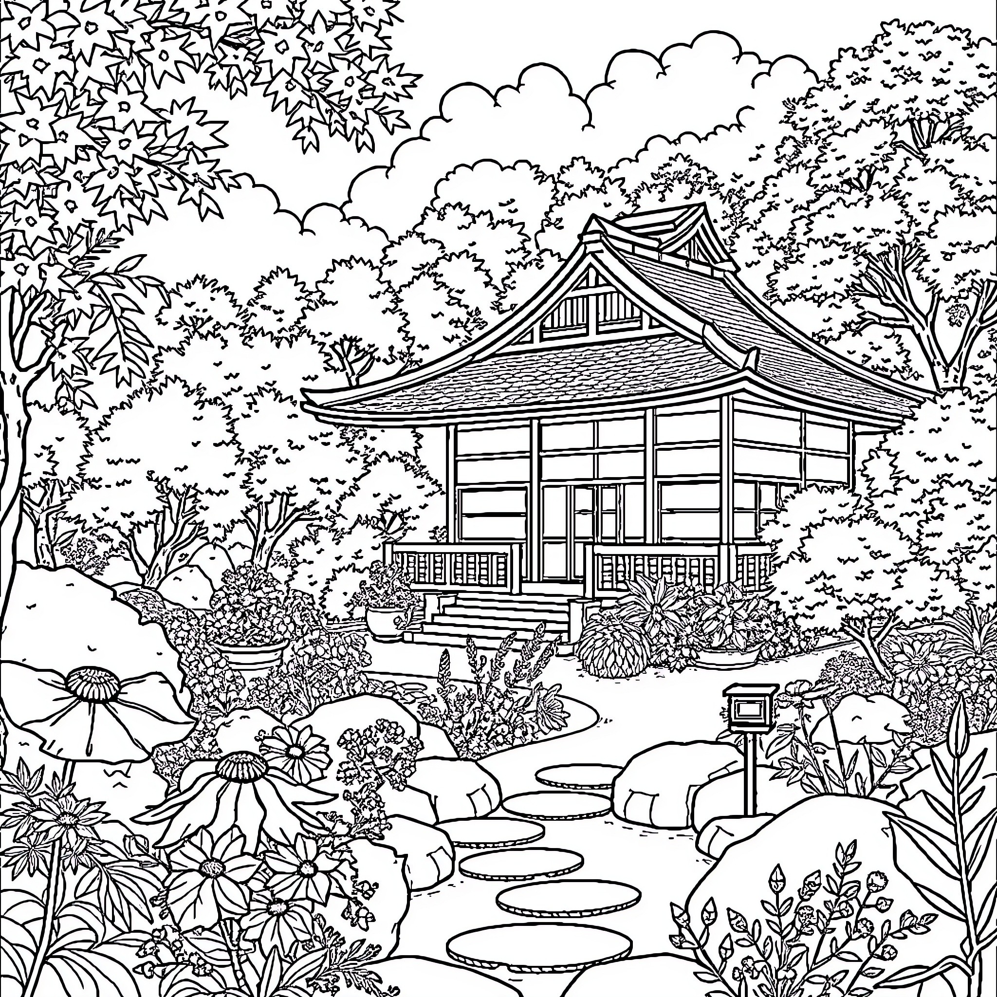 Garden scene with traditional Japanese house and foliage Coloring Page (free black-and-white line drawing printable PDF for all, from beginners to advanced learners, including children, teens, adults, and seniors)
