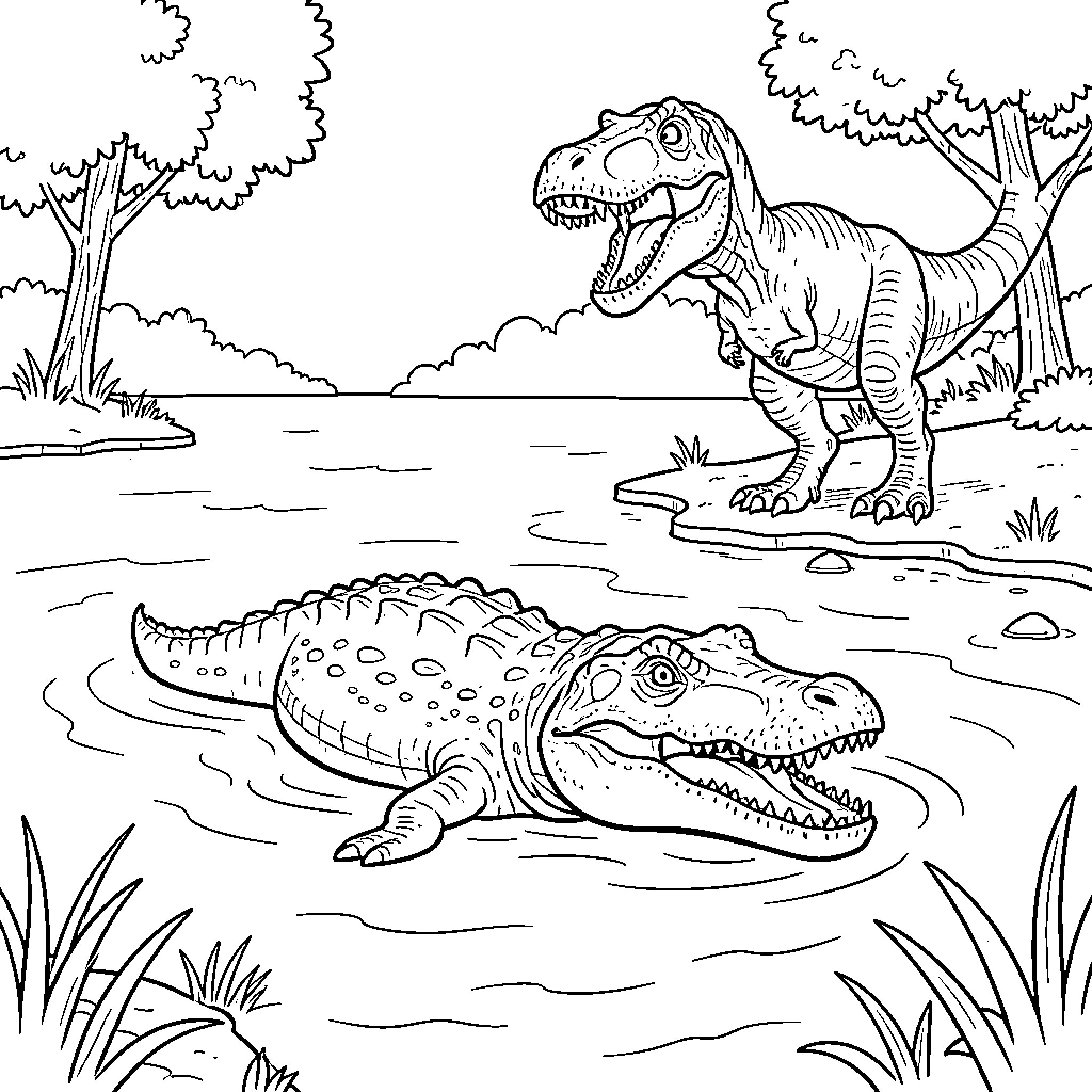 Deinosuchus swimming in a river near a T-Rex Coloring Page (free black-and-white line drawing printable PDF for all, from beginners to advanced learners, including children, teens, adults, and seniors)